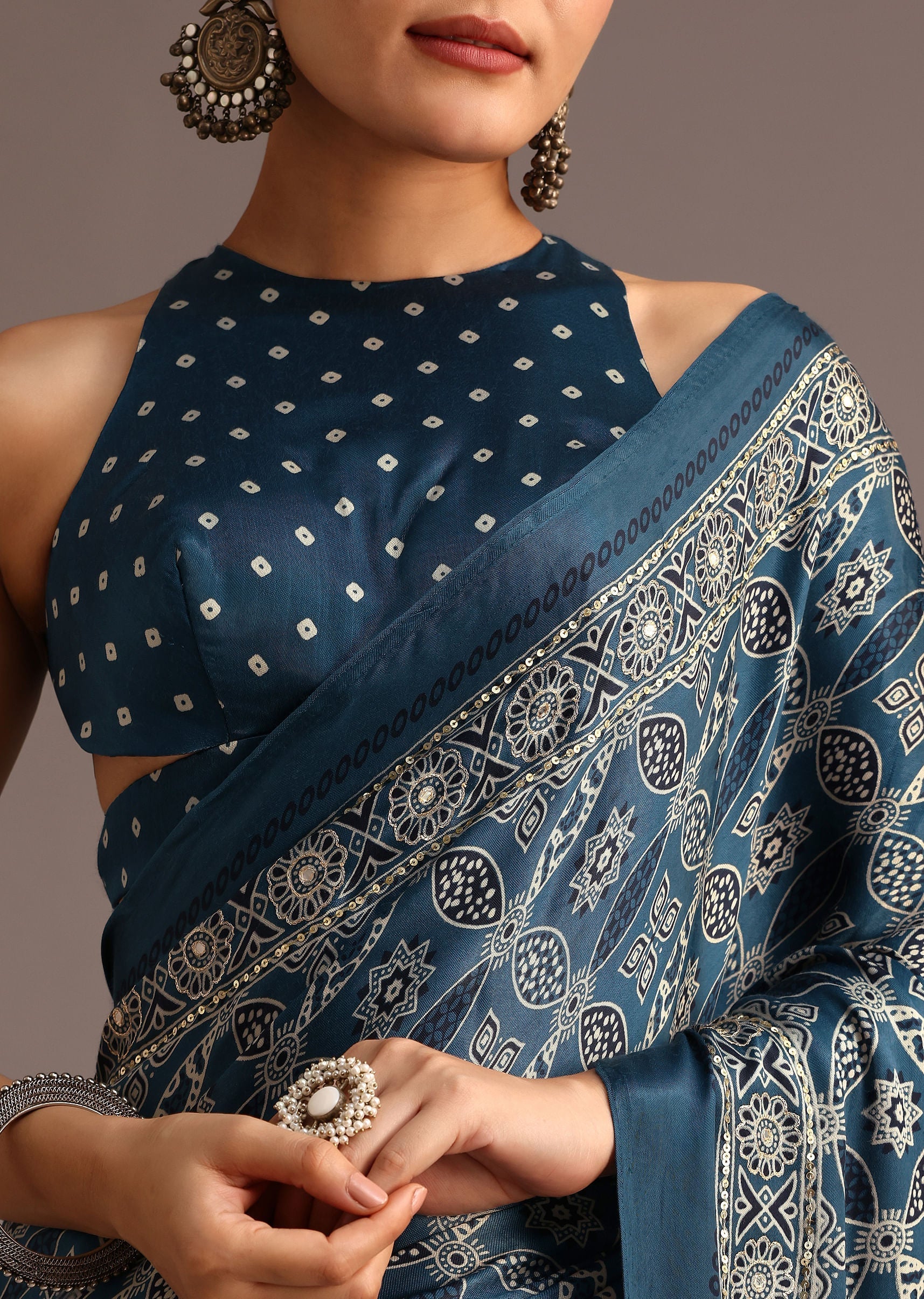 Teal Satin Ajrakh Print Saree With Mirror Embellished Border And Pallu - Image 5