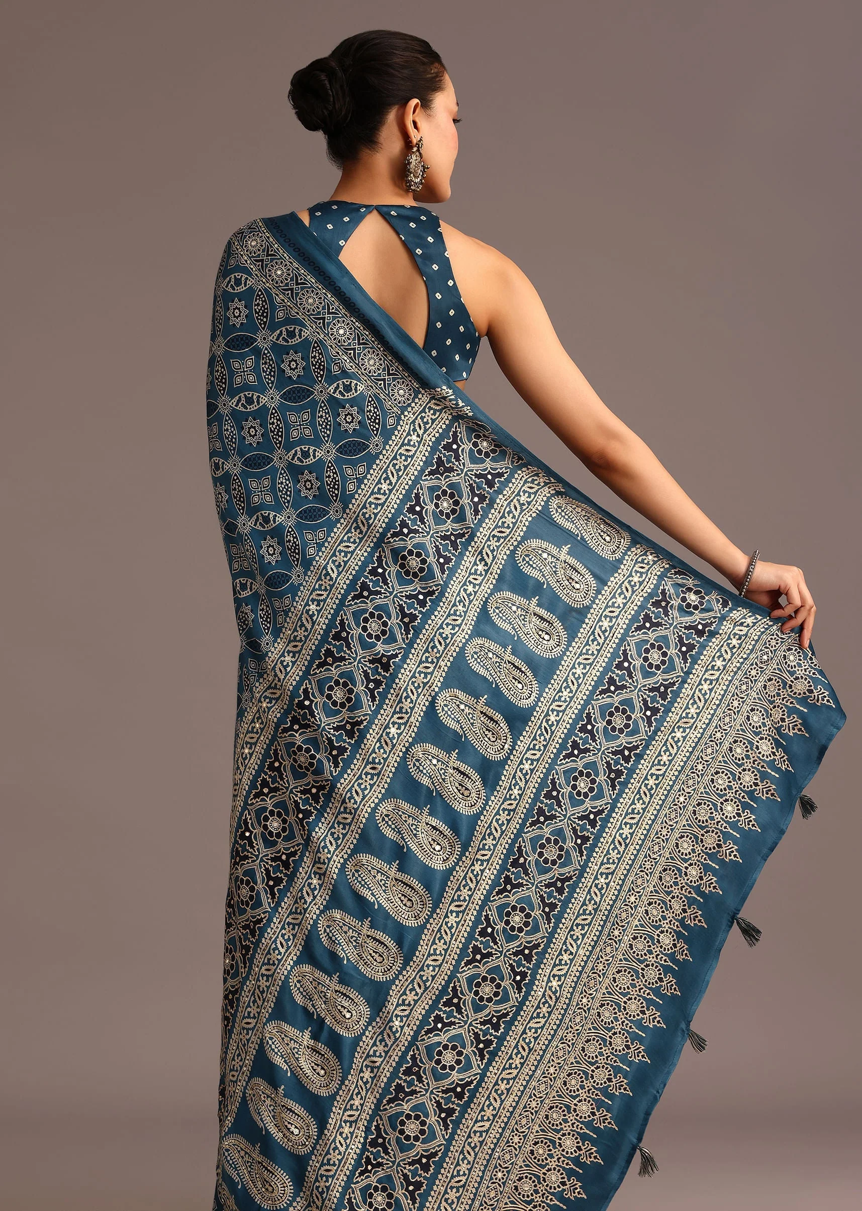 Teal Satin Ajrakh Print Saree With Mirror Embellished Border And Pallu - Image 6