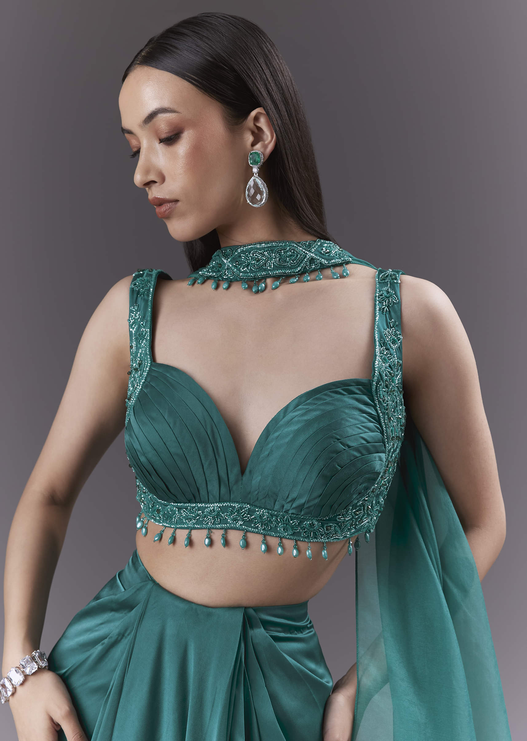 Teal Satin Crop Top And Drape Skirt Set With Heavy Embroidery - Image 5