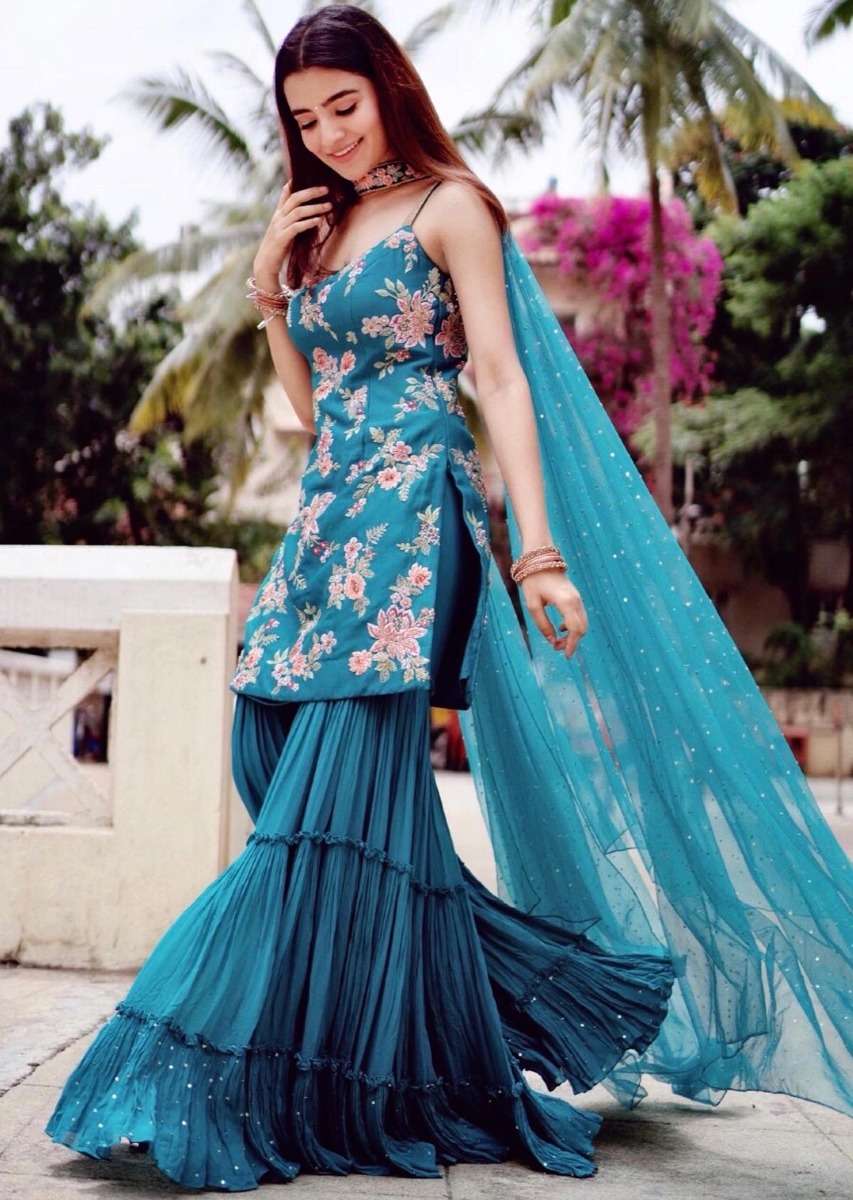 Teal Sharara Suit With Colorful Resham, Cut Dana And Moti Embroidered Spring Blossoms - Image 10