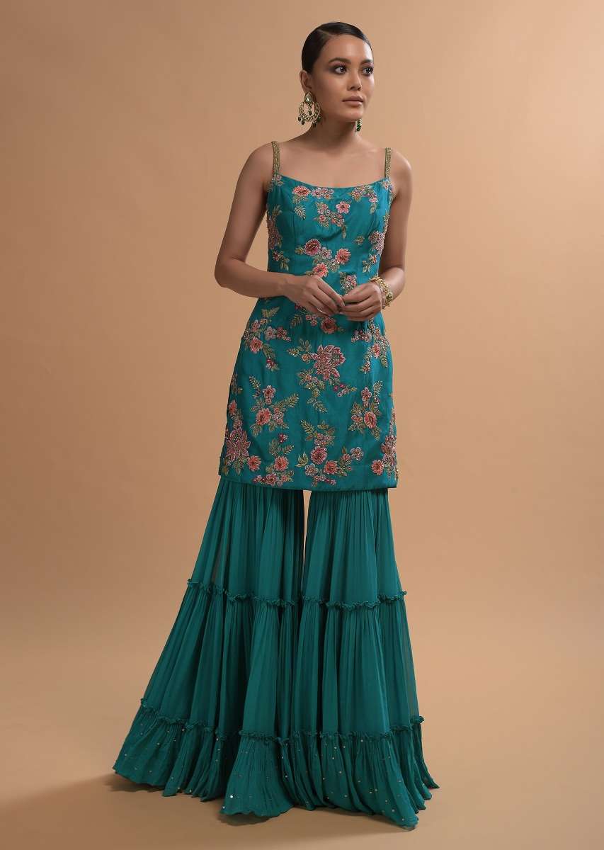 Teal Sharara Suit With Colorful Resham, Cut Dana And Moti Embroidered Spring Blossoms - Image 5