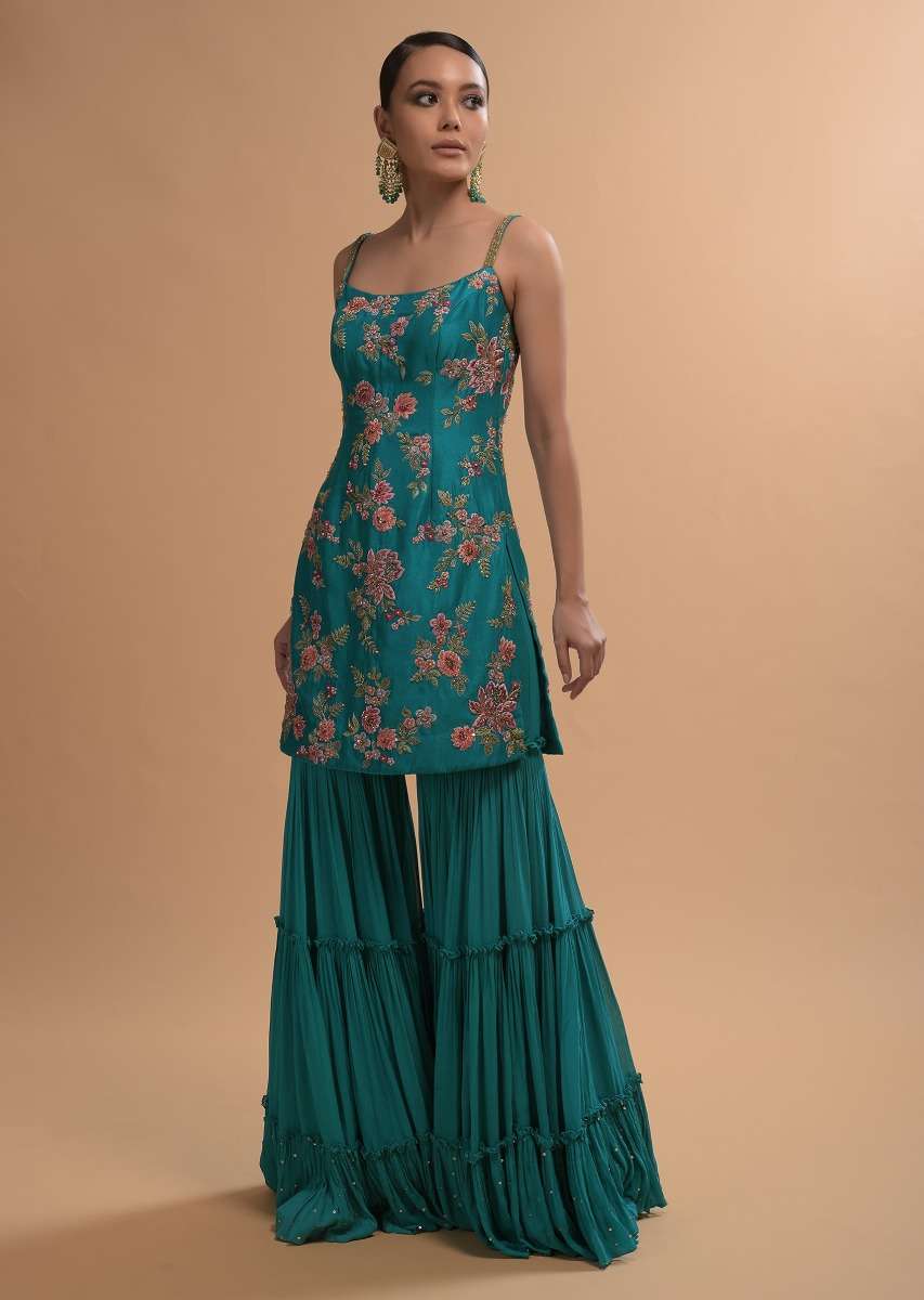 Teal Sharara Suit With Colorful Resham, Cut Dana And Moti Embroidered Spring Blossoms - Image 6