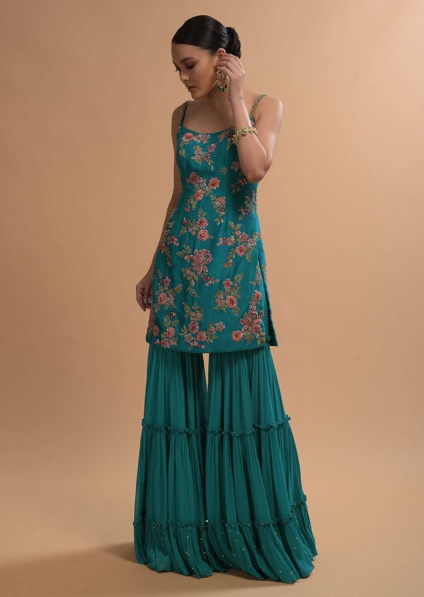 Teal Sharara Suit With Colorful Resham, Cut Dana And Moti Embroidered Spring Blossoms - Image 7