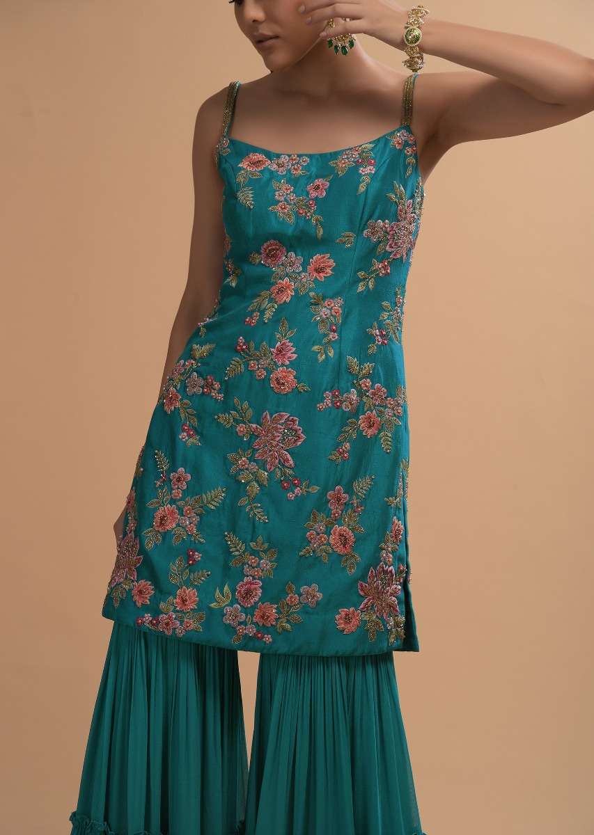 Teal Sharara Suit With Colorful Resham, Cut Dana And Moti Embroidered Spring Blossoms - Image 8