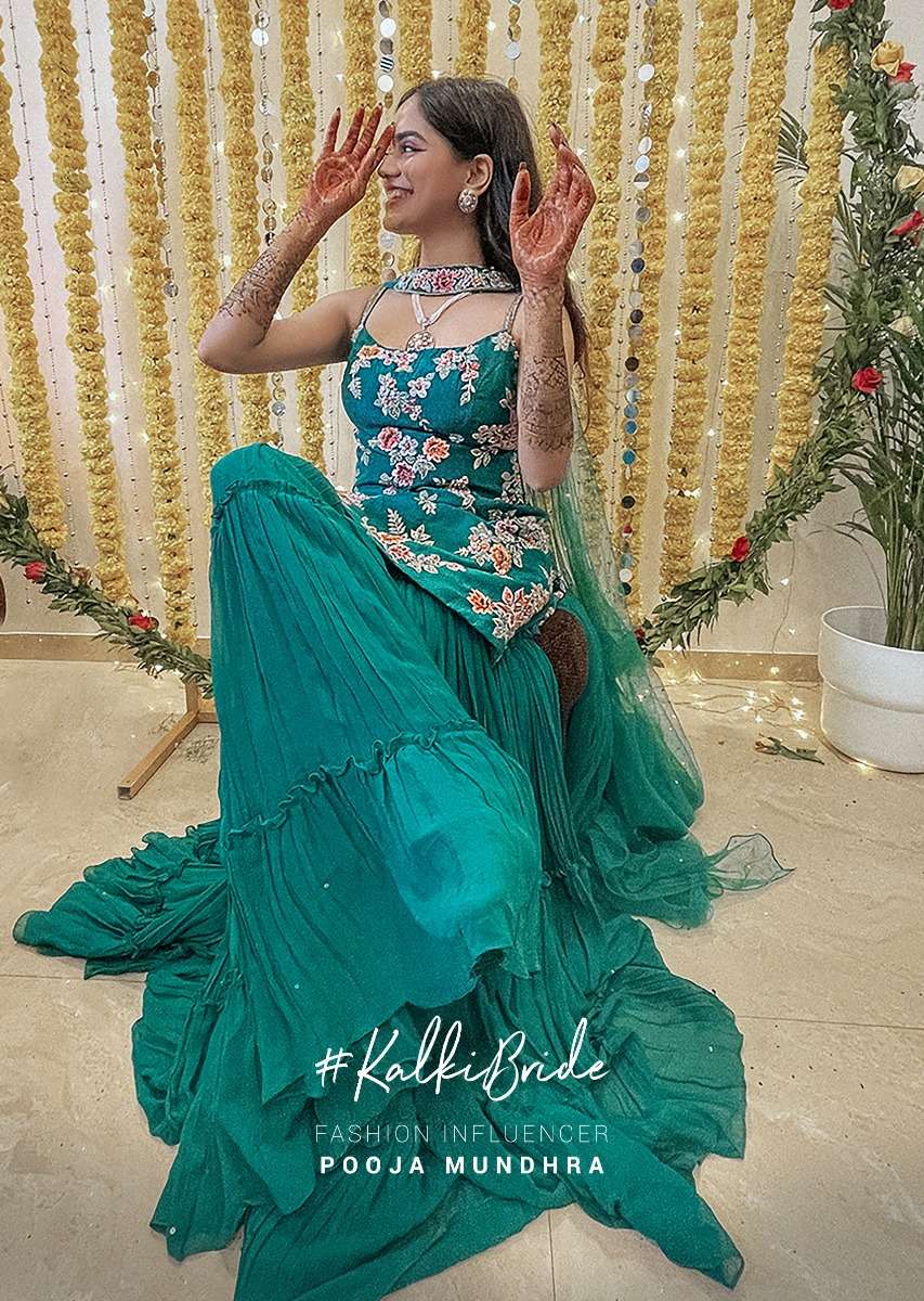Teal Sharara Suit With Colorful Resham, Cut Dana And Moti Embroidered Spring Blossoms - Image 9