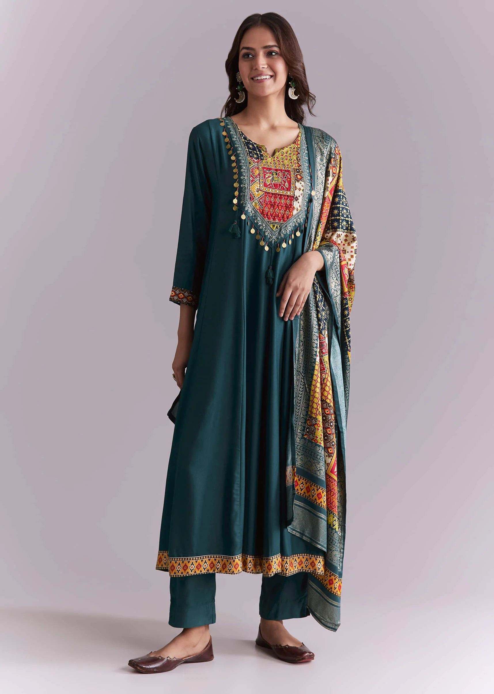 Teal Silk Anarkali Suit With Embroidery And Printed Patch Work - Image 3