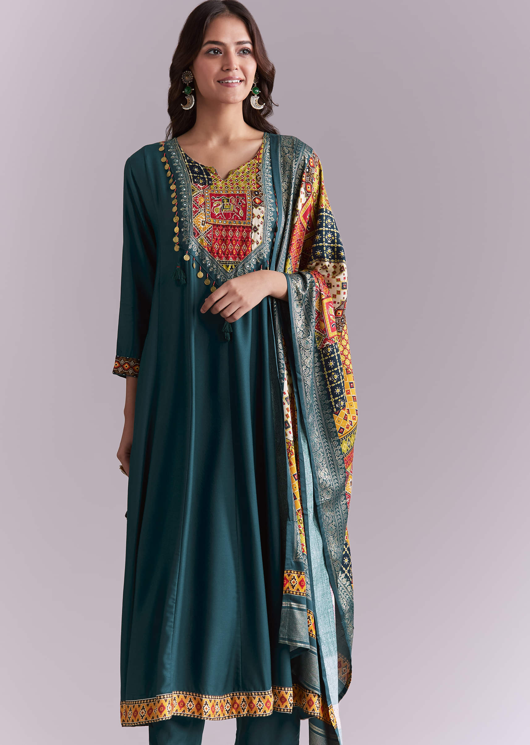 Teal Silk Anarkali Suit With Embroidery And Printed Patch Work - Image 4