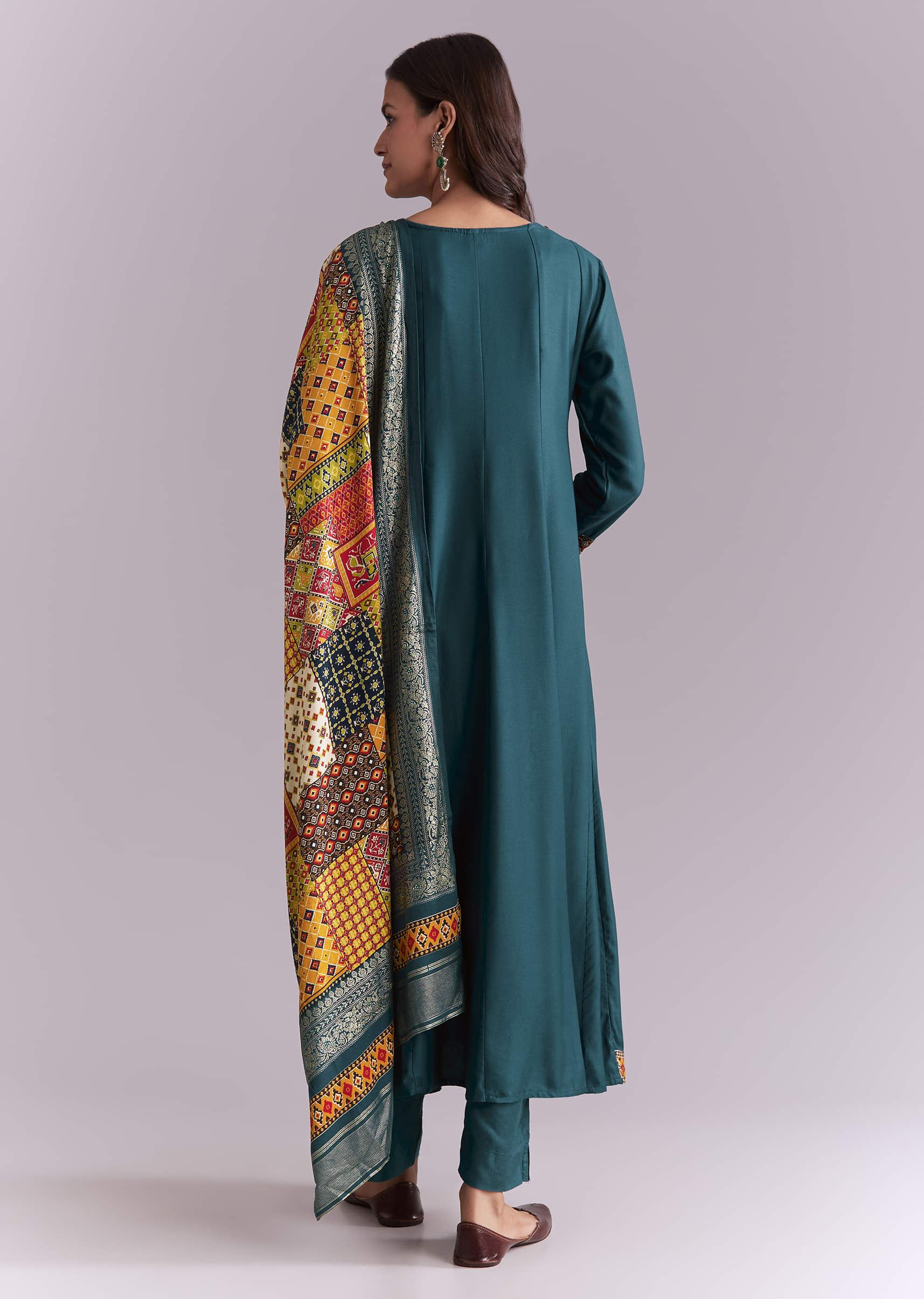 Teal Silk Anarkali Suit With Embroidery And Printed Patch Work - Image 5