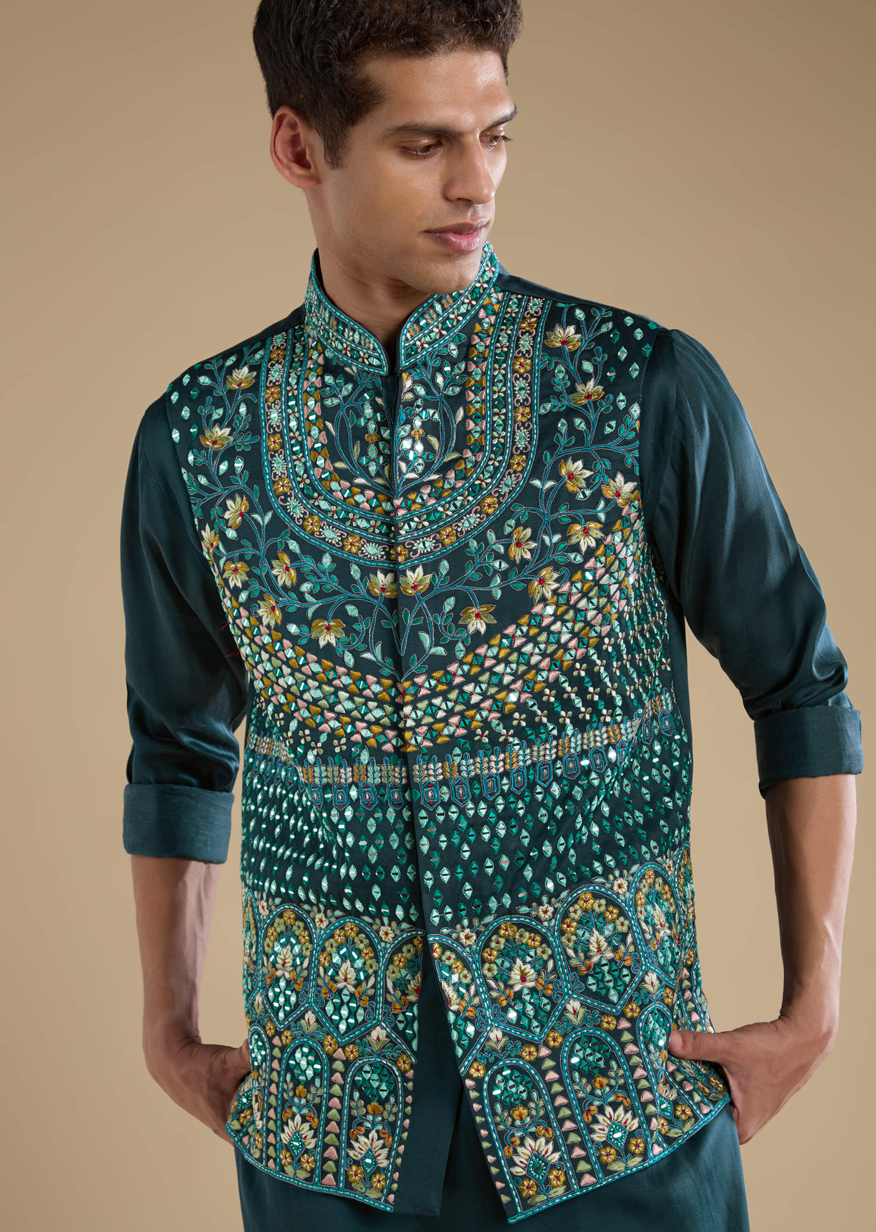 Teal Silk Jacket Kurta Set with Mirror Work - Image 2