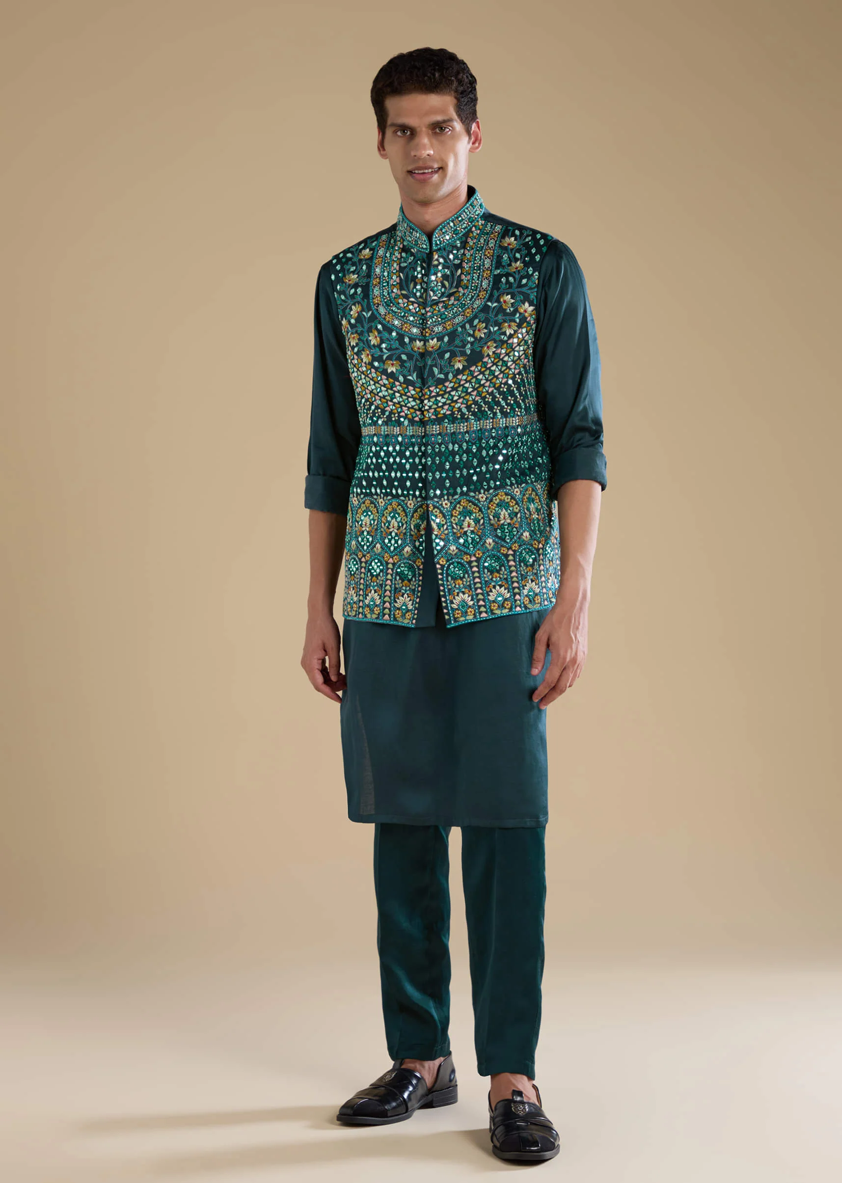 Teal Silk Jacket Kurta Set with Mirror Work - Image 3