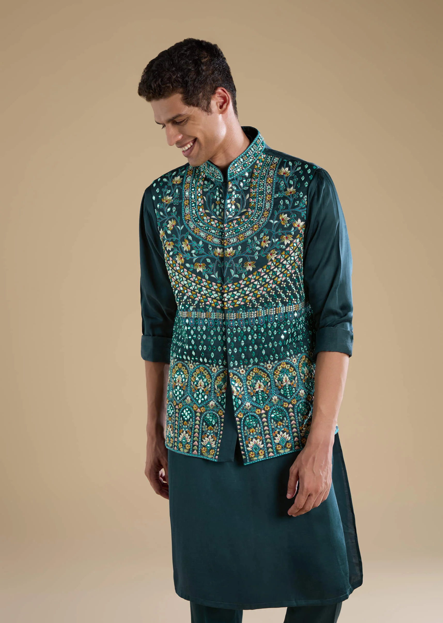 Teal Silk Jacket Kurta Set with Mirror Work - Image 4