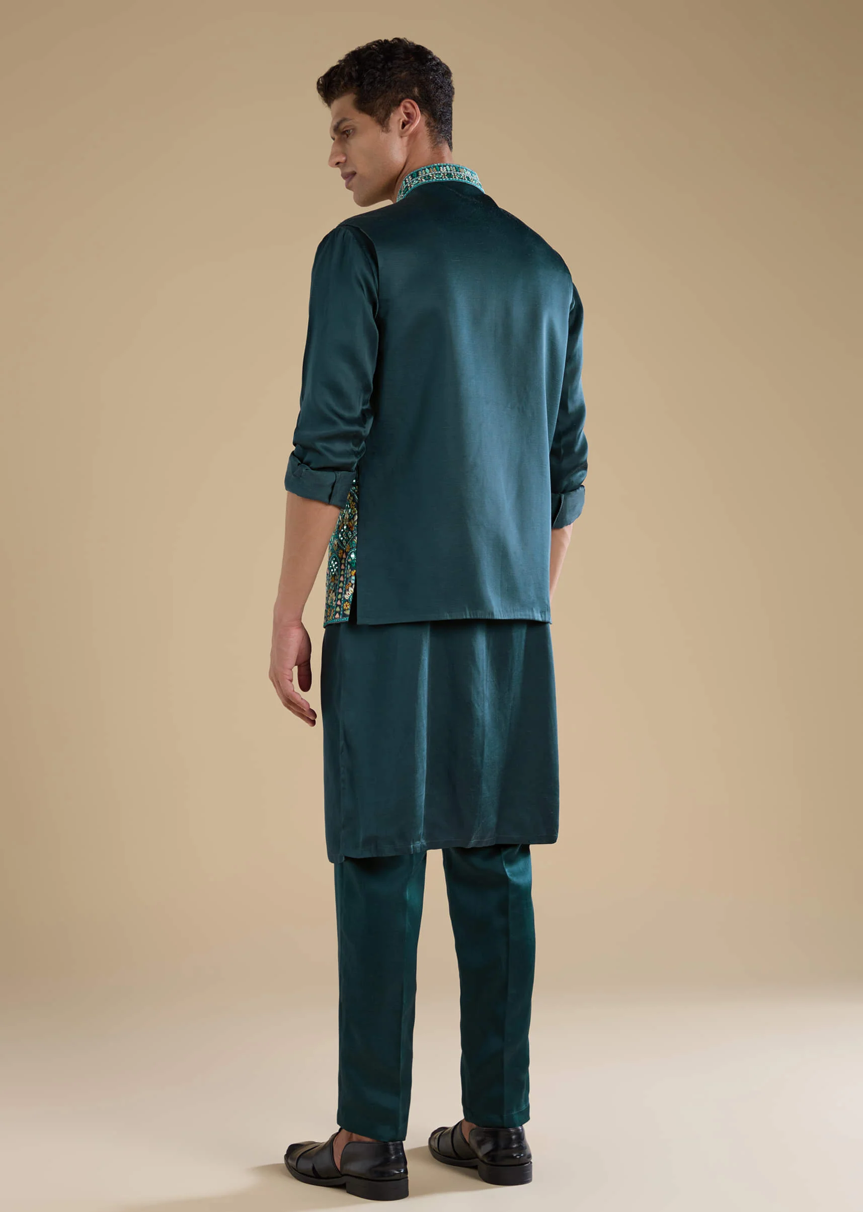 Teal Silk Jacket Kurta Set with Mirror Work - Image 5