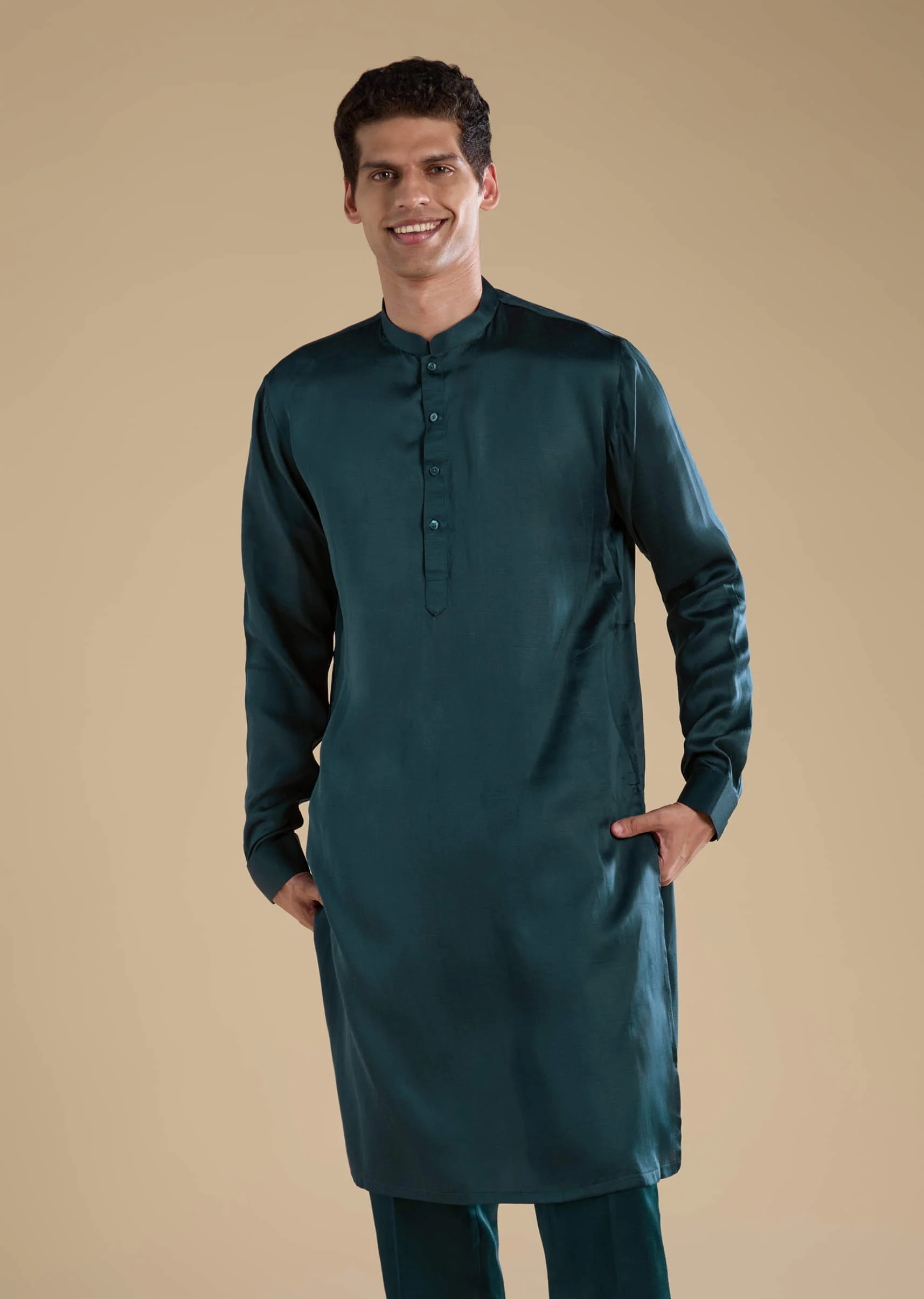 Teal Silk Jacket Kurta Set with Mirror Work - Image 6