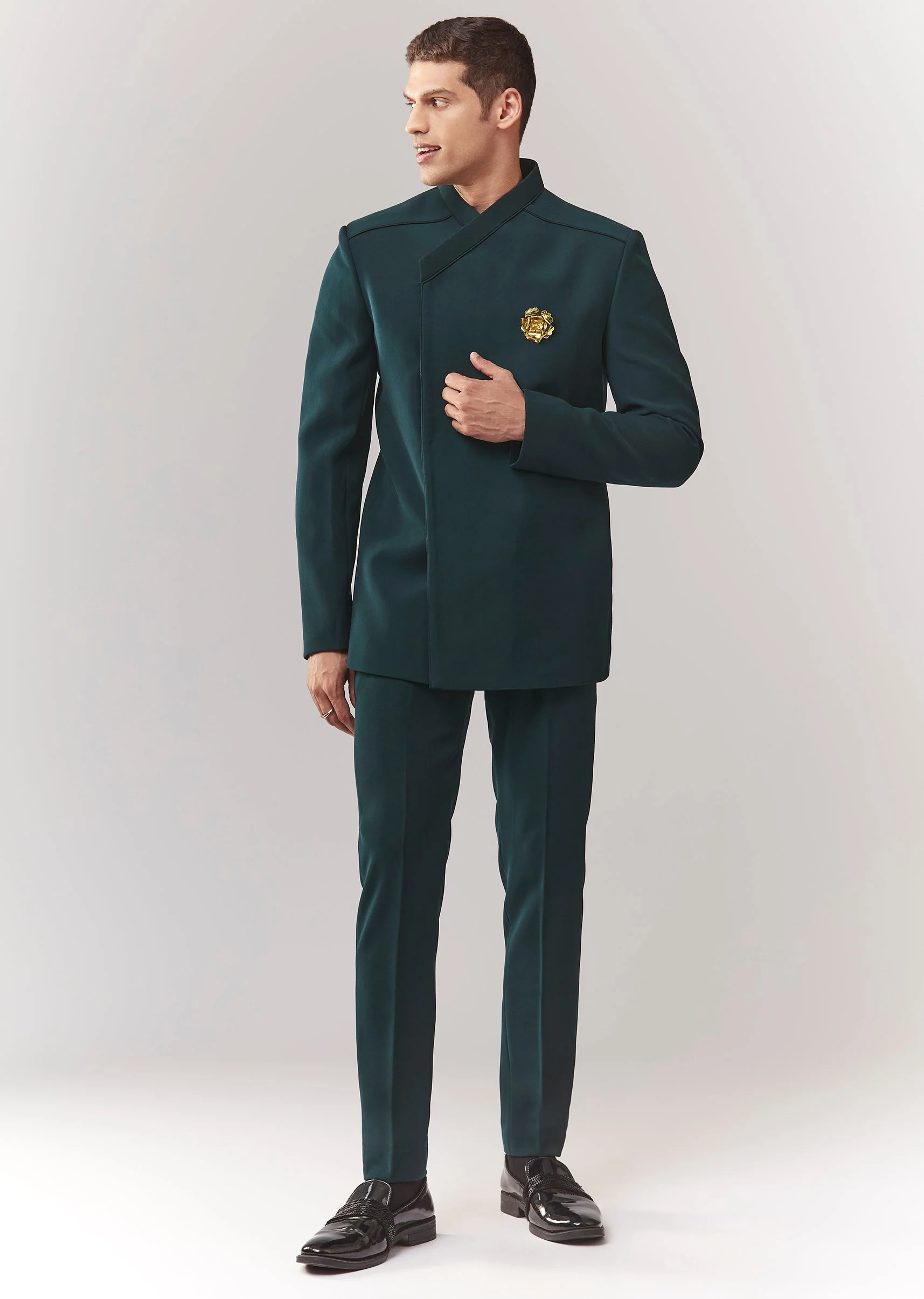 Teal Suede Tuxedo Set With Metal Broach - Image 3