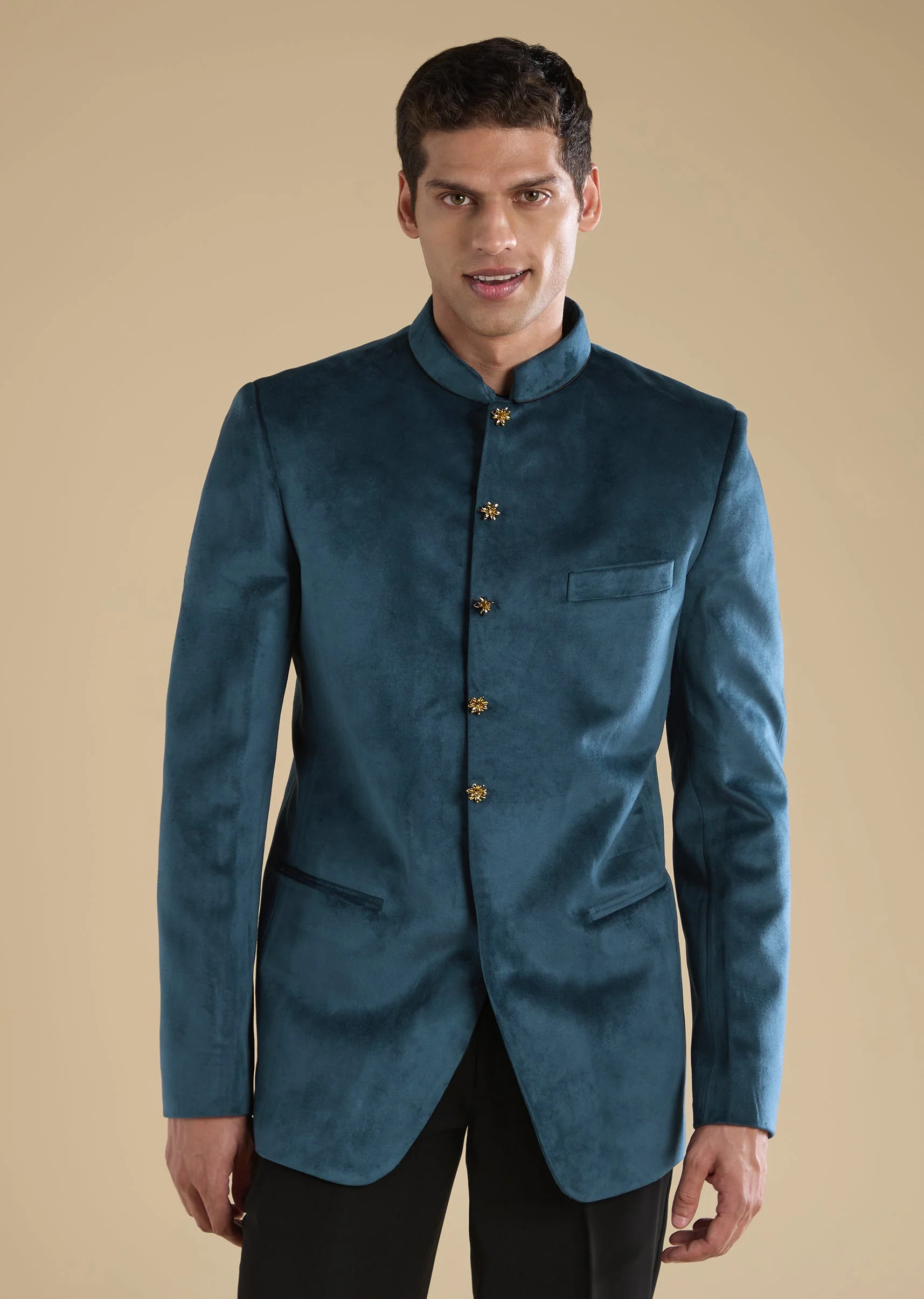 Teal Suede Tuxedo Set With Shirt And Trousers