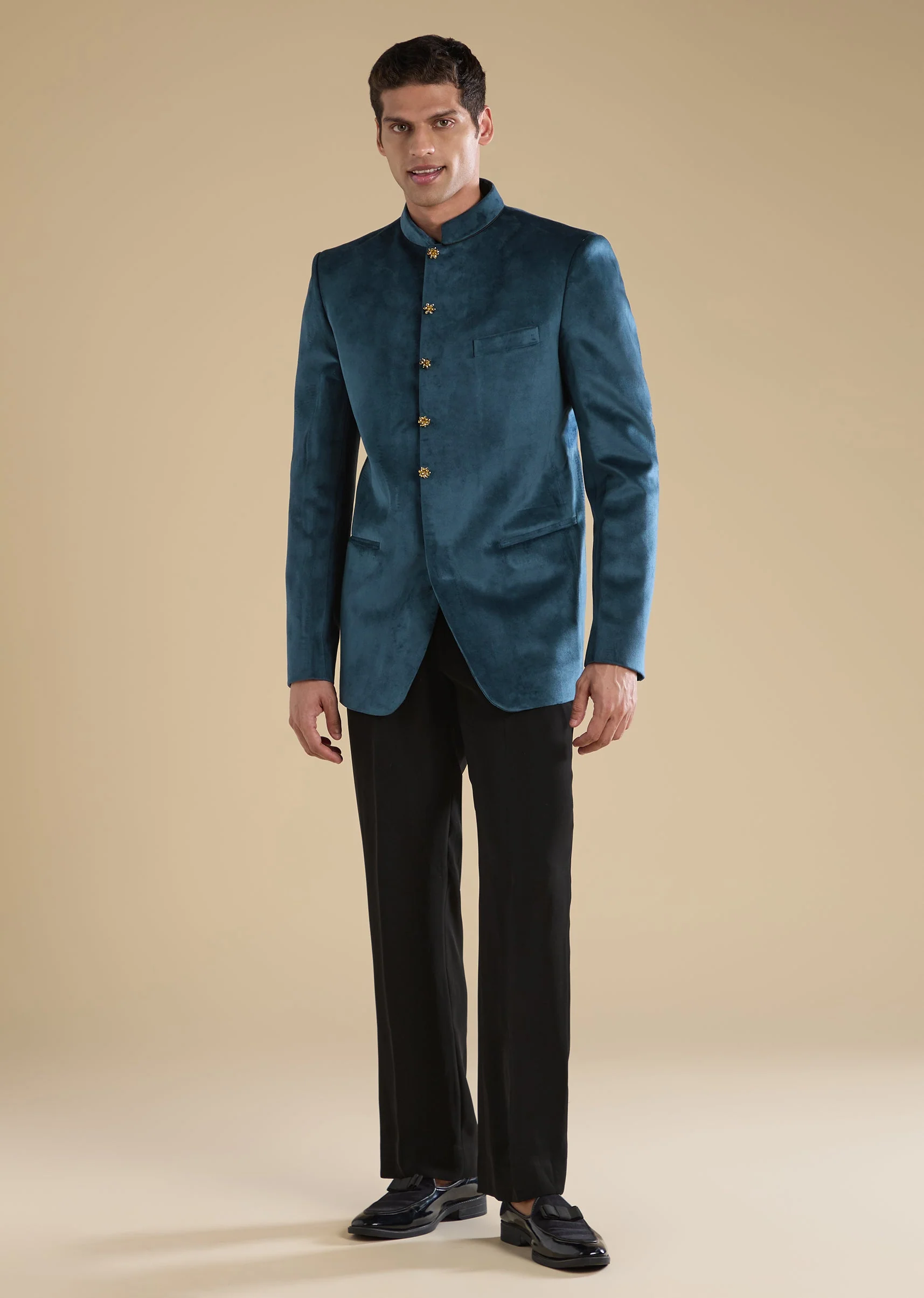 Teal Suede Tuxedo Set With Shirt And Trousers - Image 2