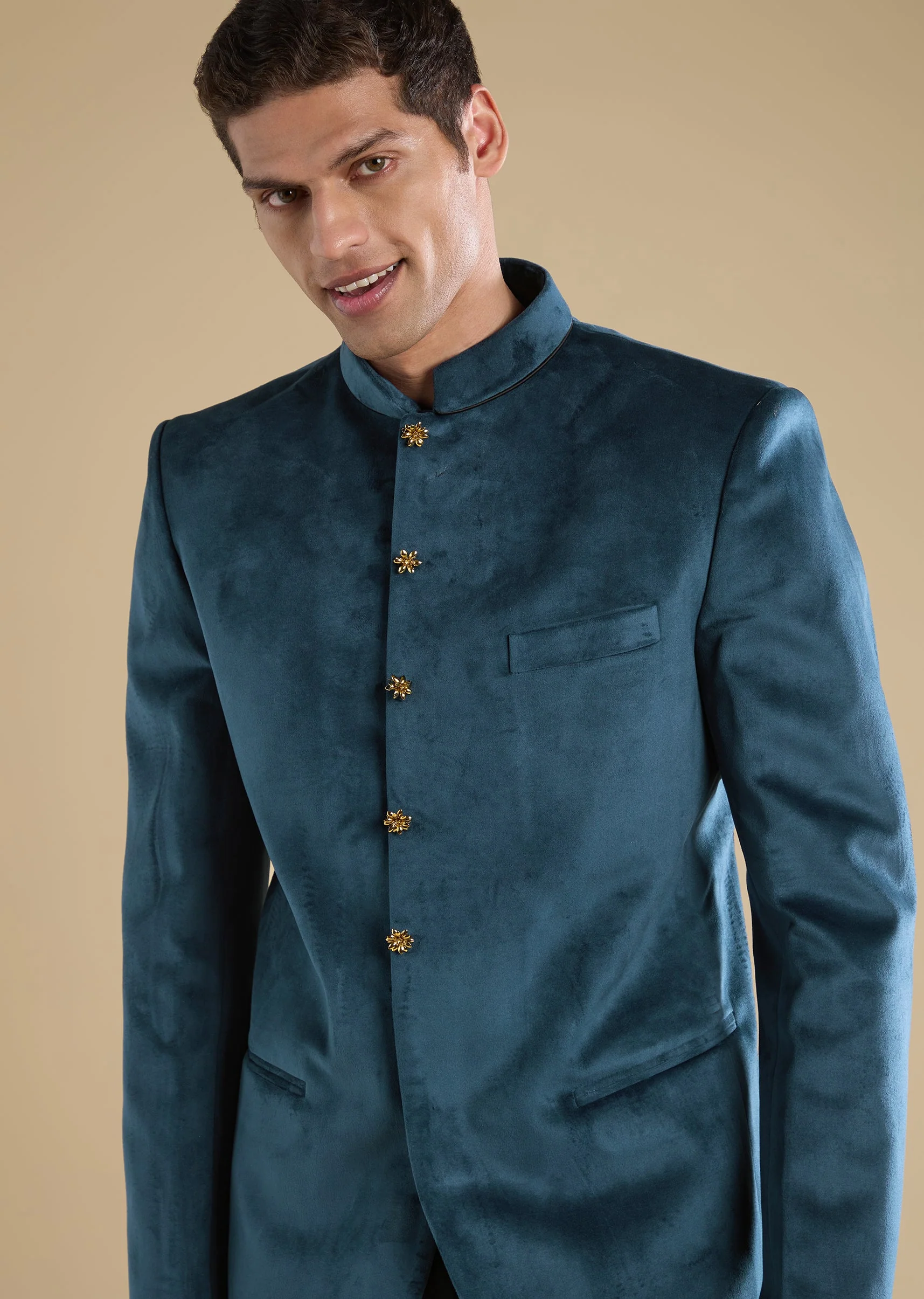 Teal Suede Tuxedo Set With Shirt And Trousers - Image 3