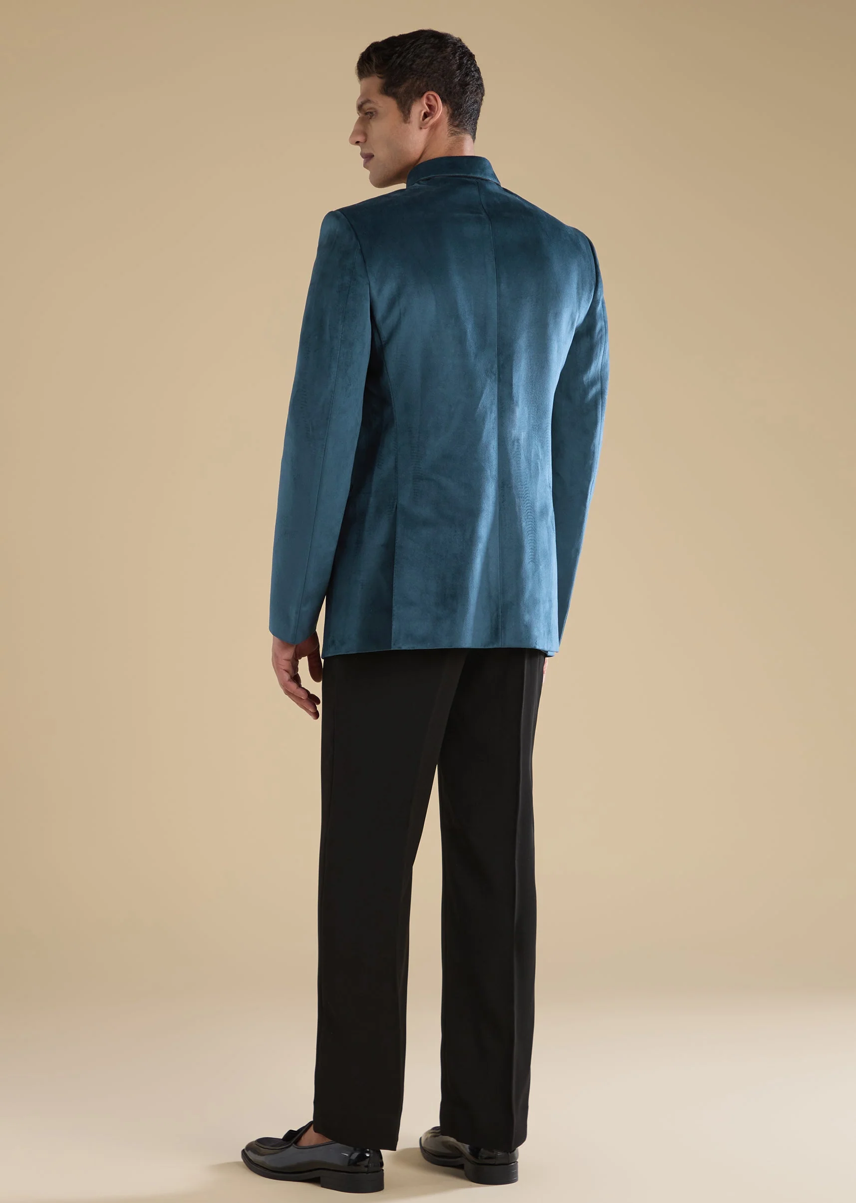 Teal Suede Tuxedo Set With Shirt And Trousers - Image 5