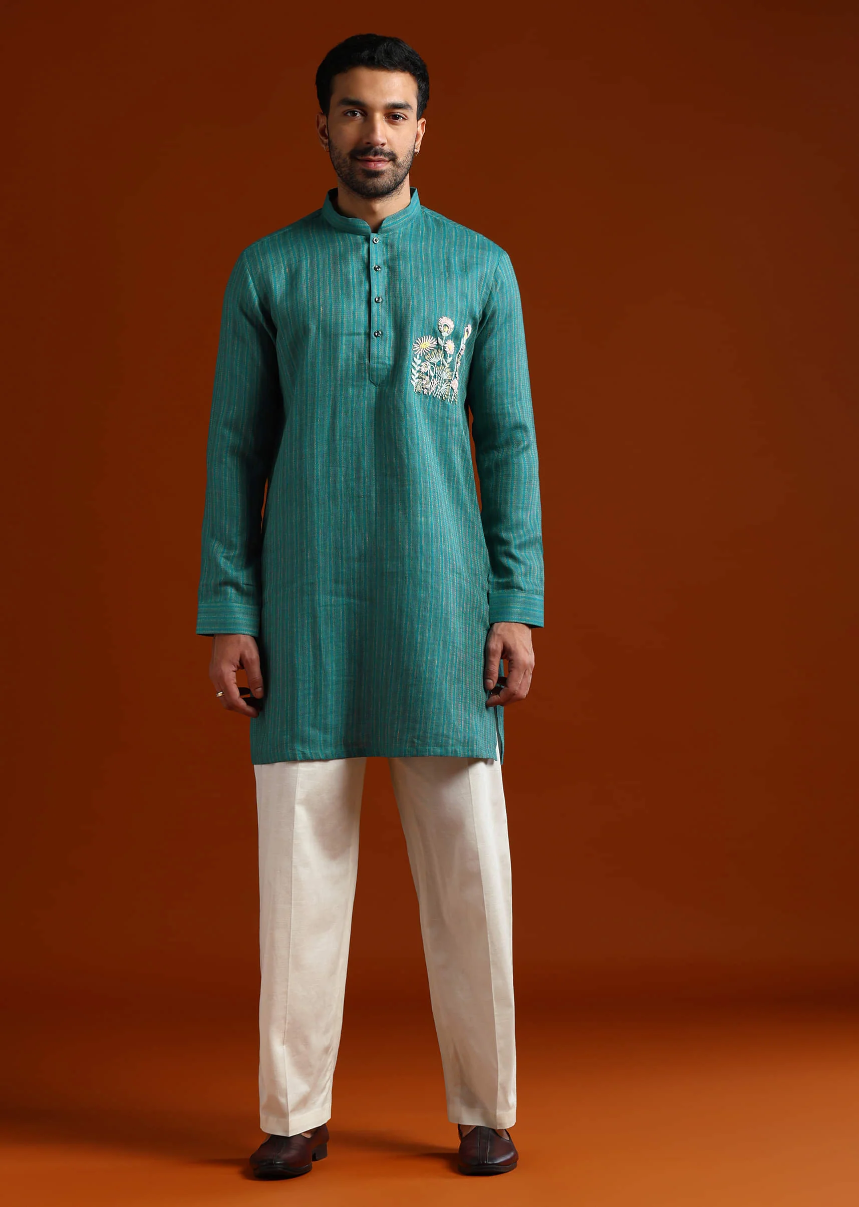 Teal Textured Kurta Set For Men With Thread Embroidery