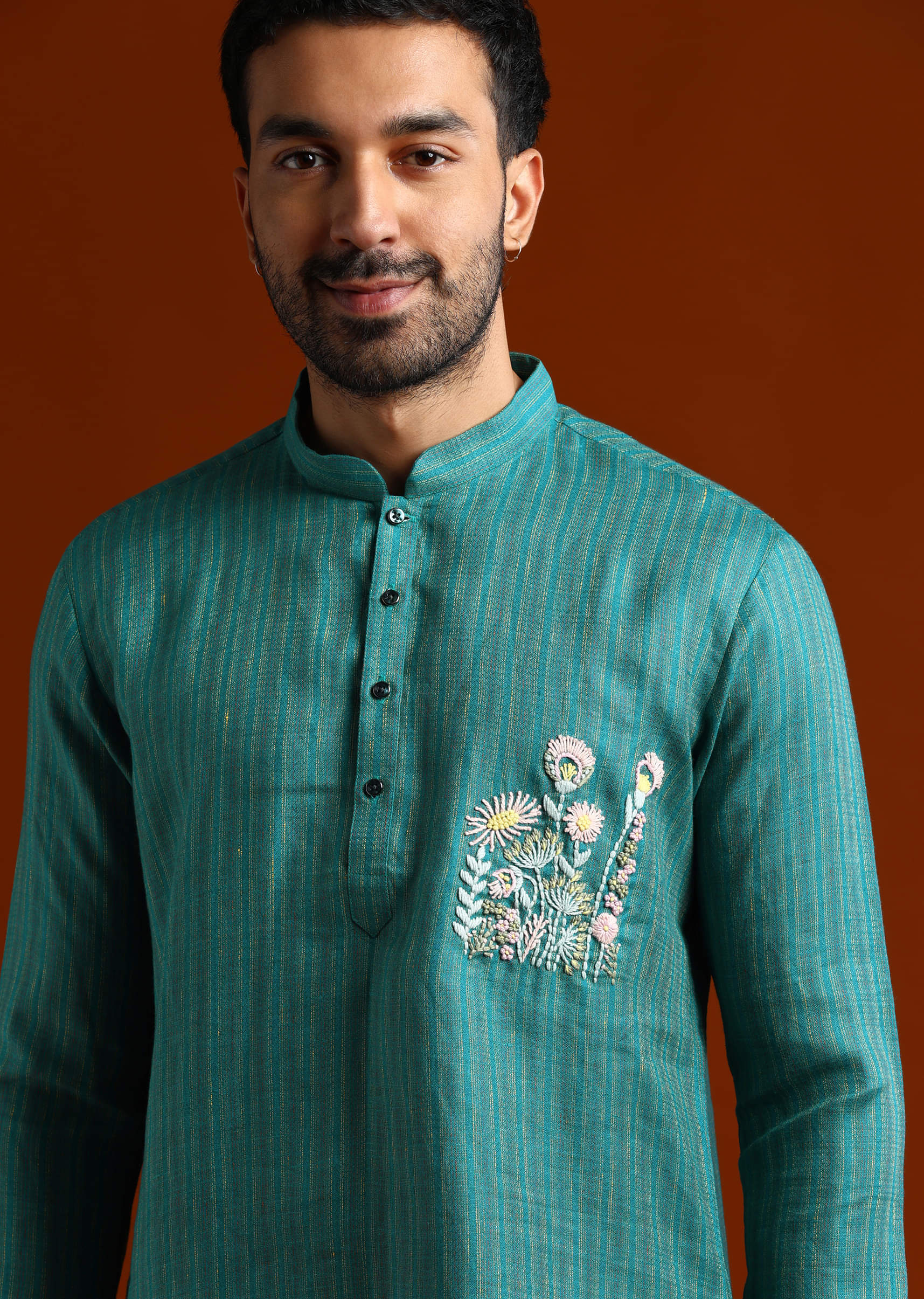 Teal Textured Kurta Set For Men With Thread Embroidery - Image 2