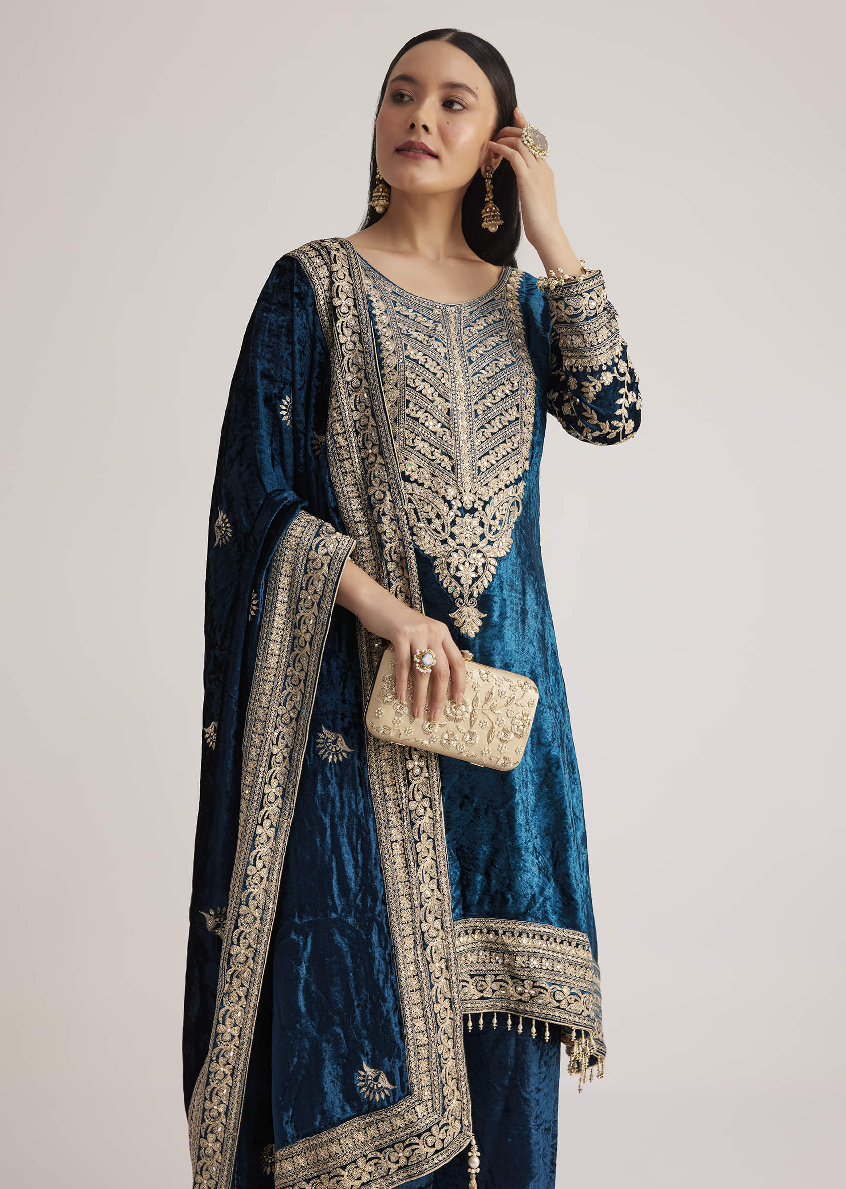 Teal Velvet Embroidered Palazzo Suit - Image 7