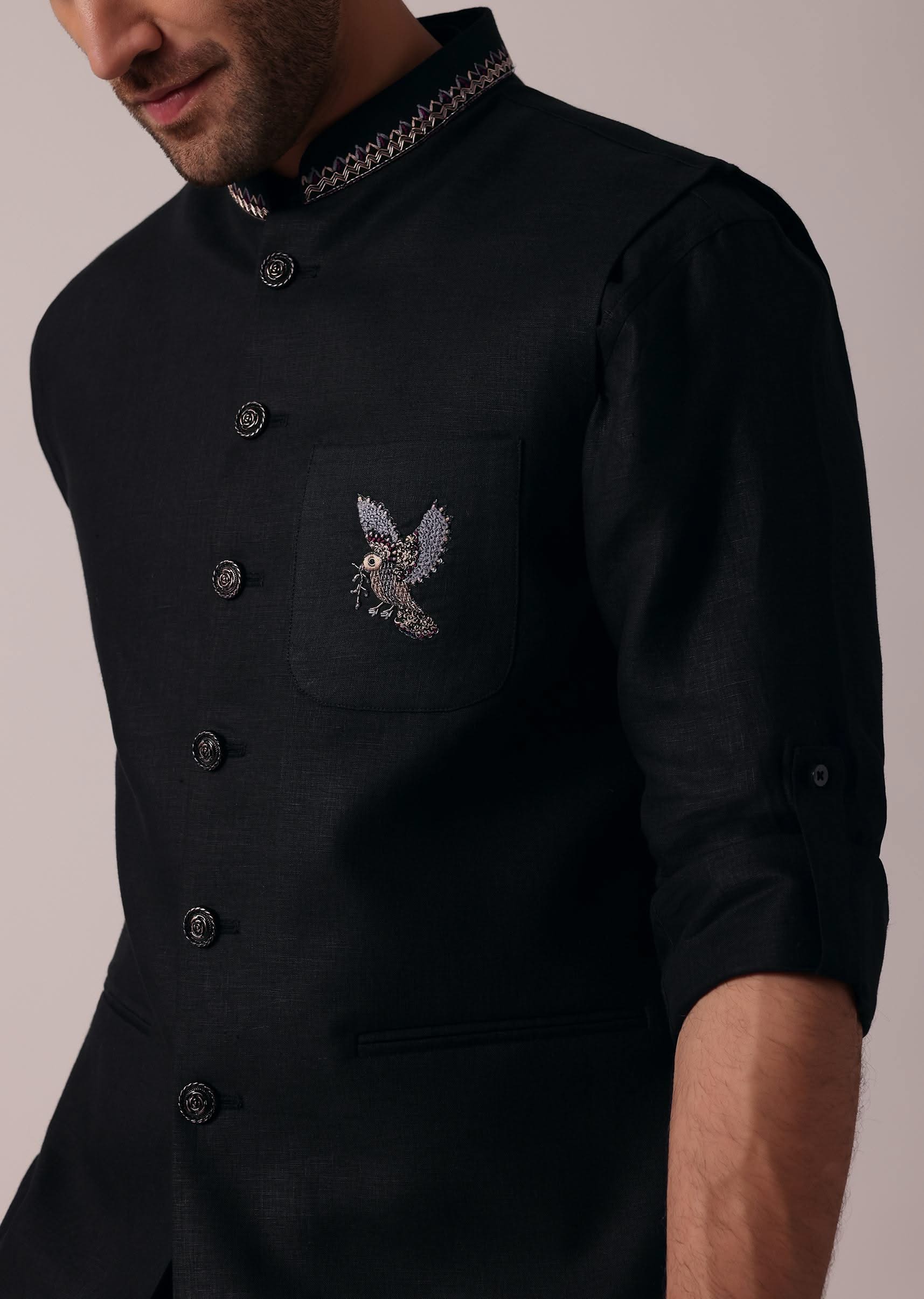 Timeless Black Short Kurta With Intricately Embroidered Bandi - Image 3