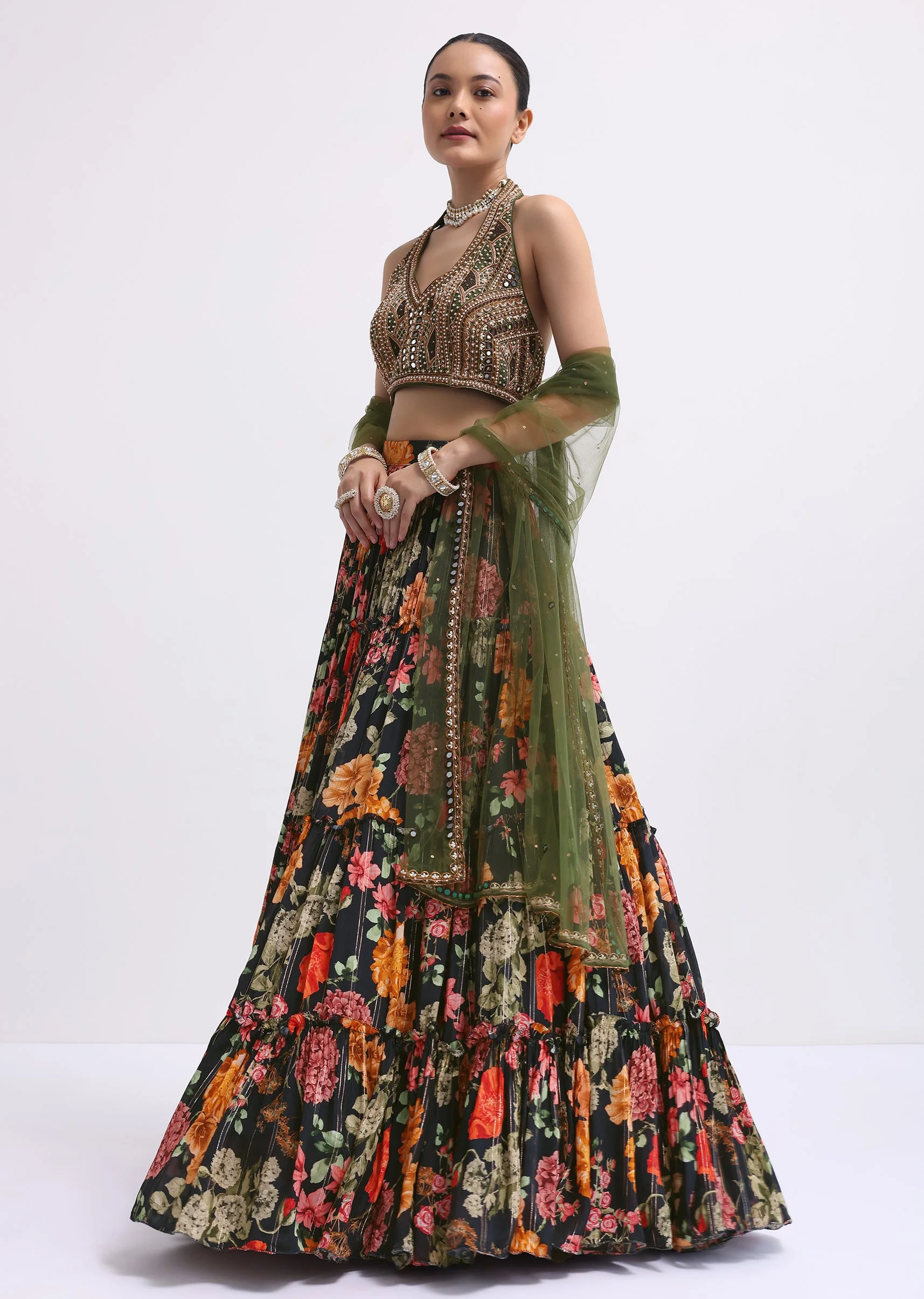 Timeless Floral Couple Set – Black Floral Printed Silk Lehenga Choli For Her And Black Silk Kurta Set With Resham Embroidery For Him - Image 4