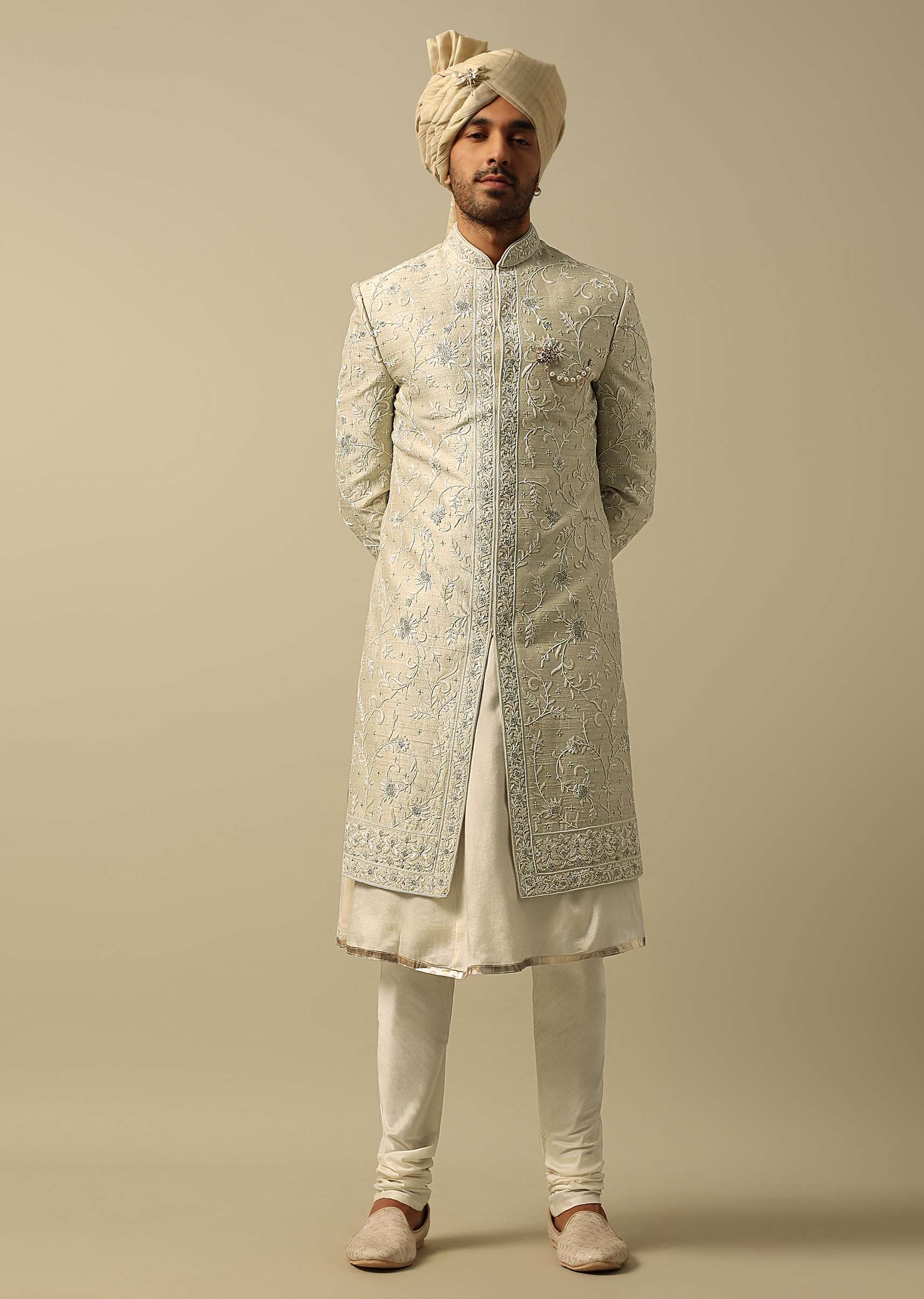 Timeless Green Raw Silk Sherwani - Image 3
