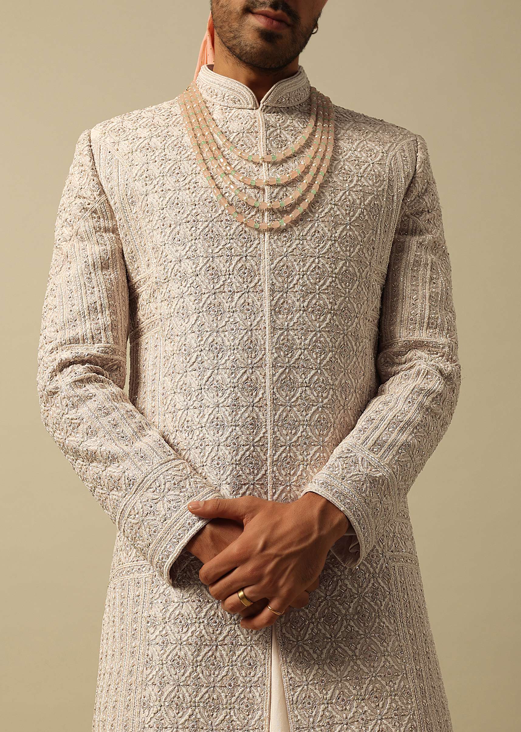 Timeless Peach Raw Silk Sherwani - Image 2