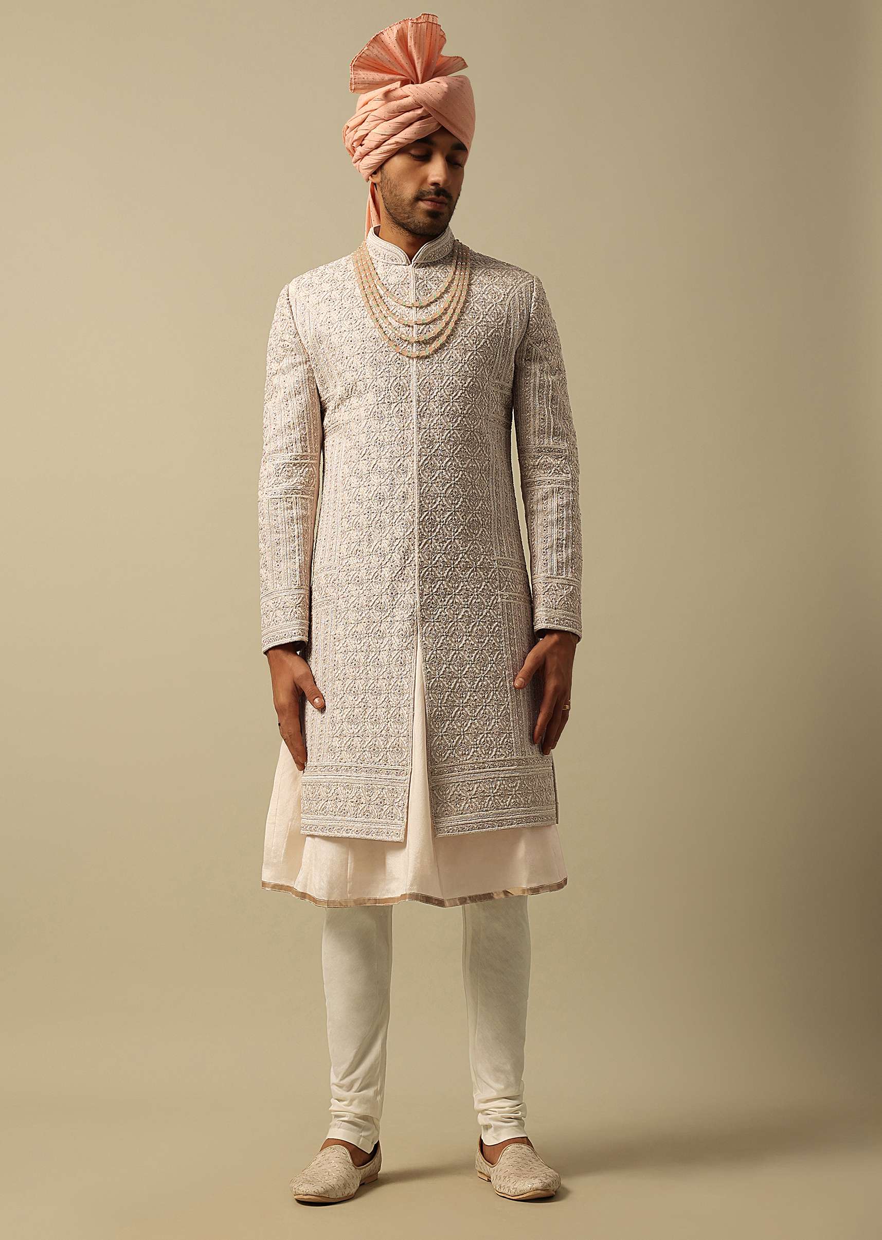 Timeless Peach Raw Silk Sherwani - Image 3