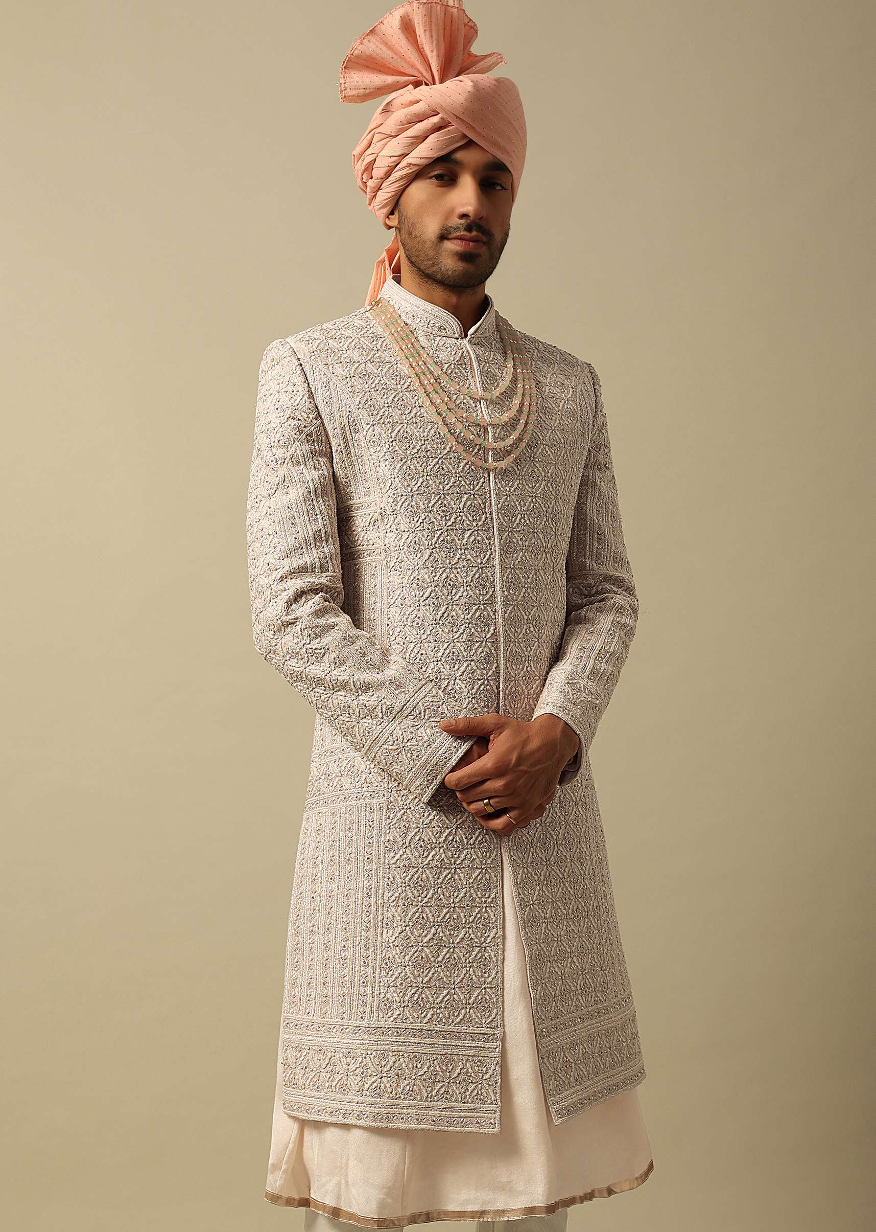 Timeless Peach Raw Silk Sherwani - Image 4