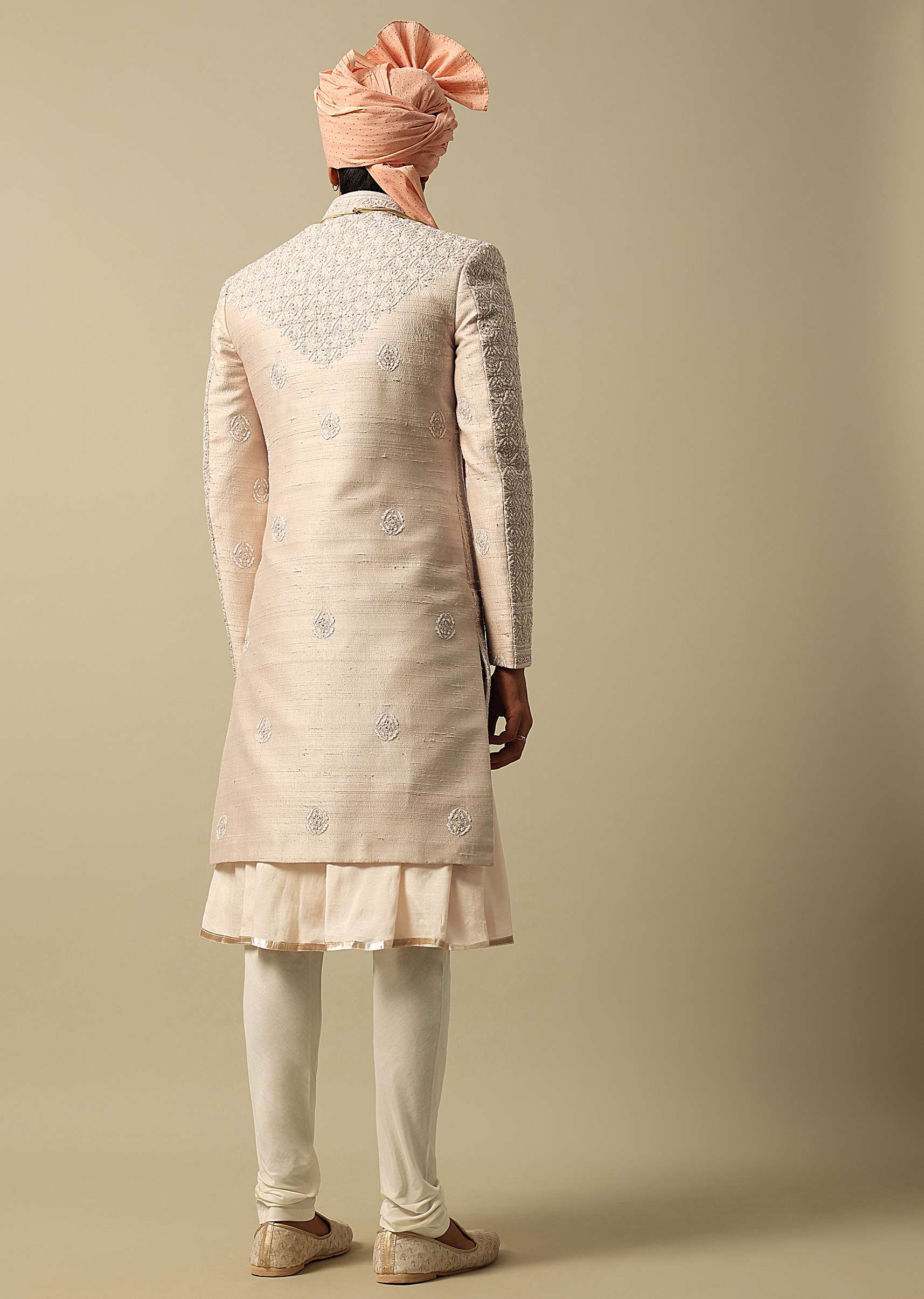 Timeless Peach Raw Silk Sherwani - Image 5