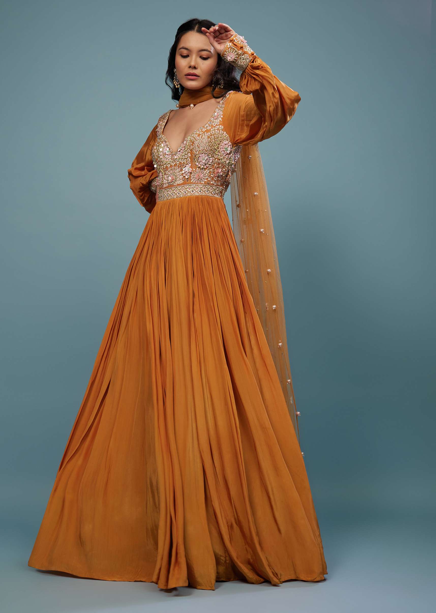 Fire Orange Embroidered Anarkali Suit In Crepe - Image 3