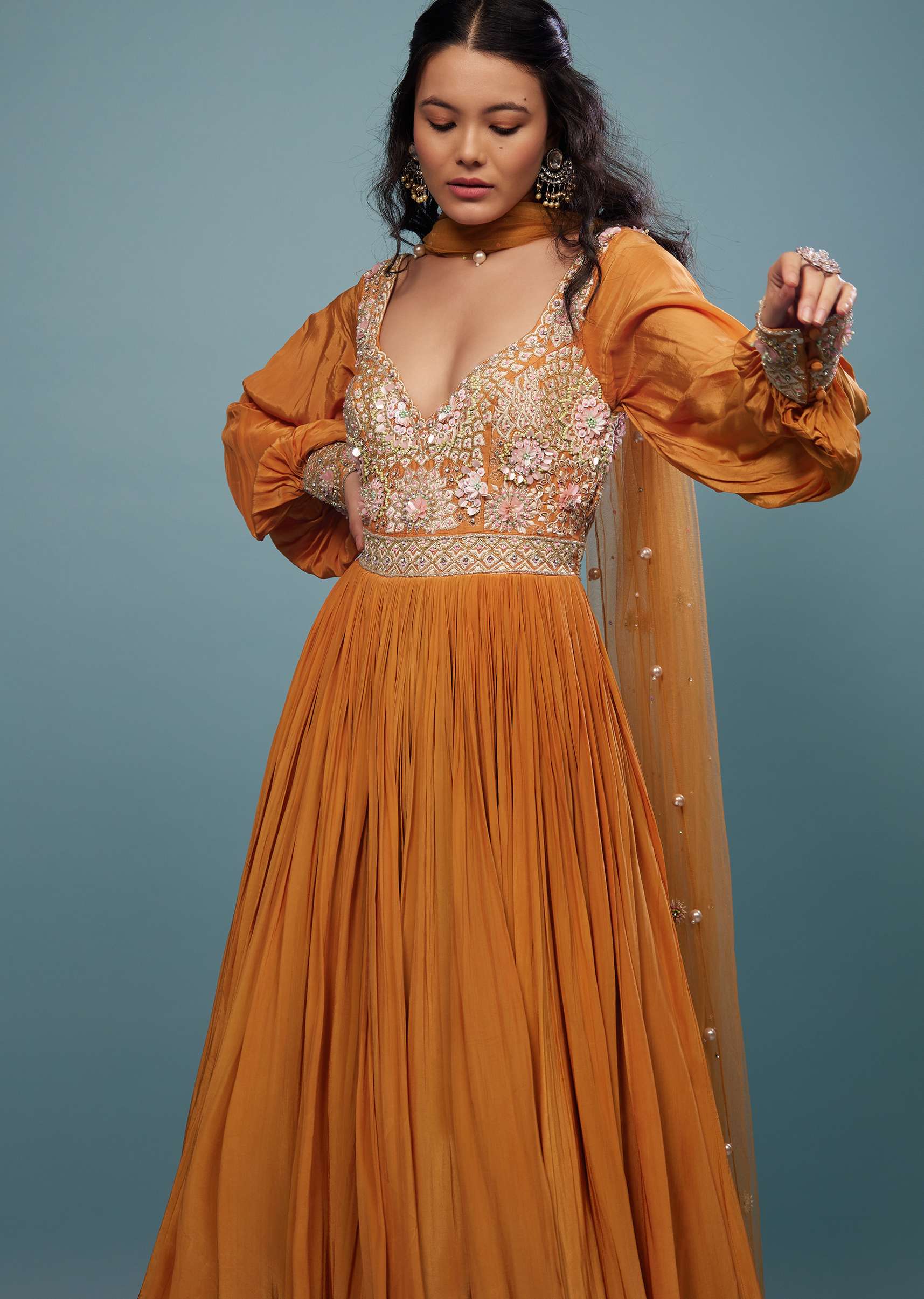 Fire Orange Embroidered Anarkali Suit In Crepe - Image 4