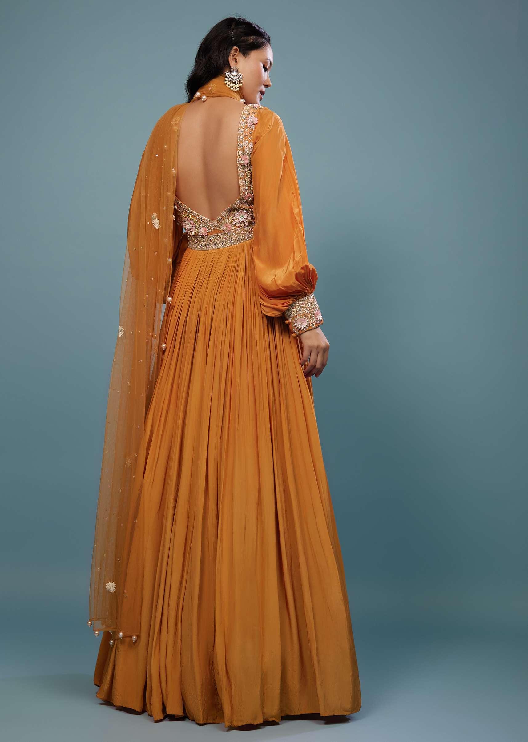 Fire Orange Embroidered Anarkali Suit In Crepe - Image 5