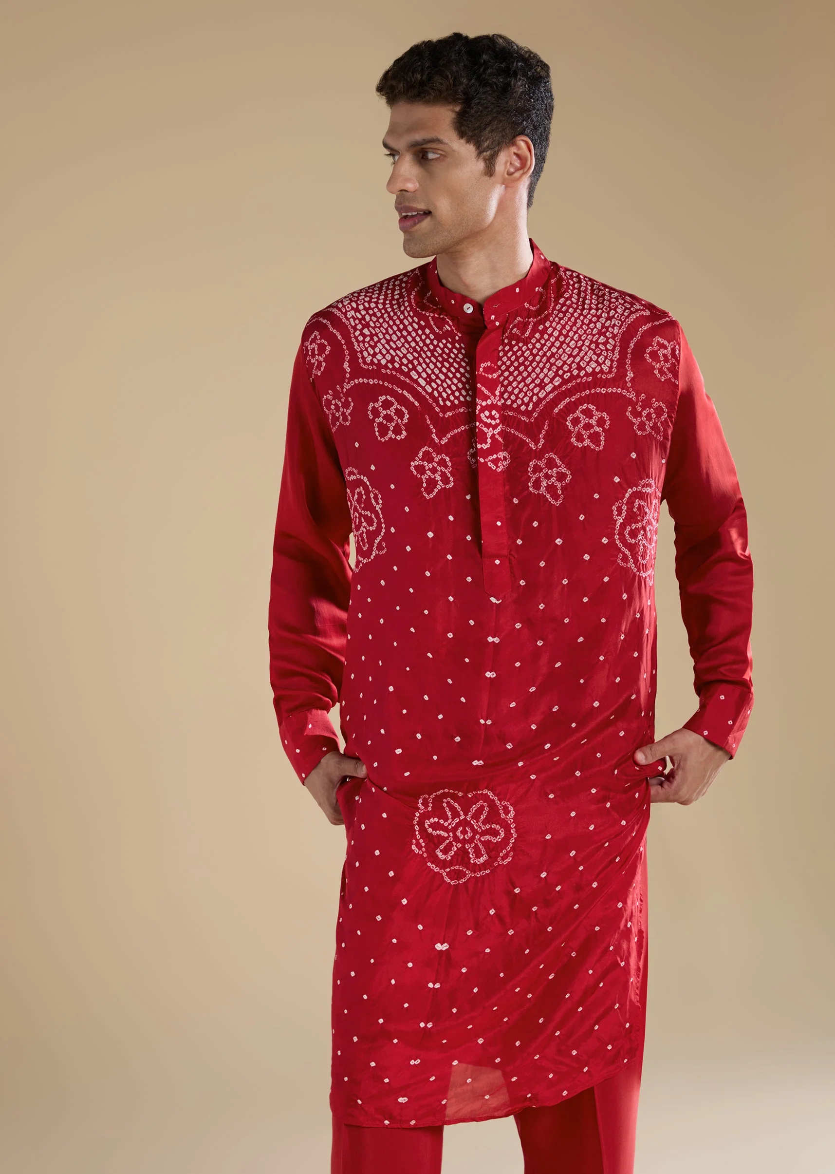 Traditional Bandhani Couple Set – Red Hand-Dyed Bandhani Co-Ord Set For Her And Red Pure Bandhani Silk Kurta Pant Set For Him - Image 8