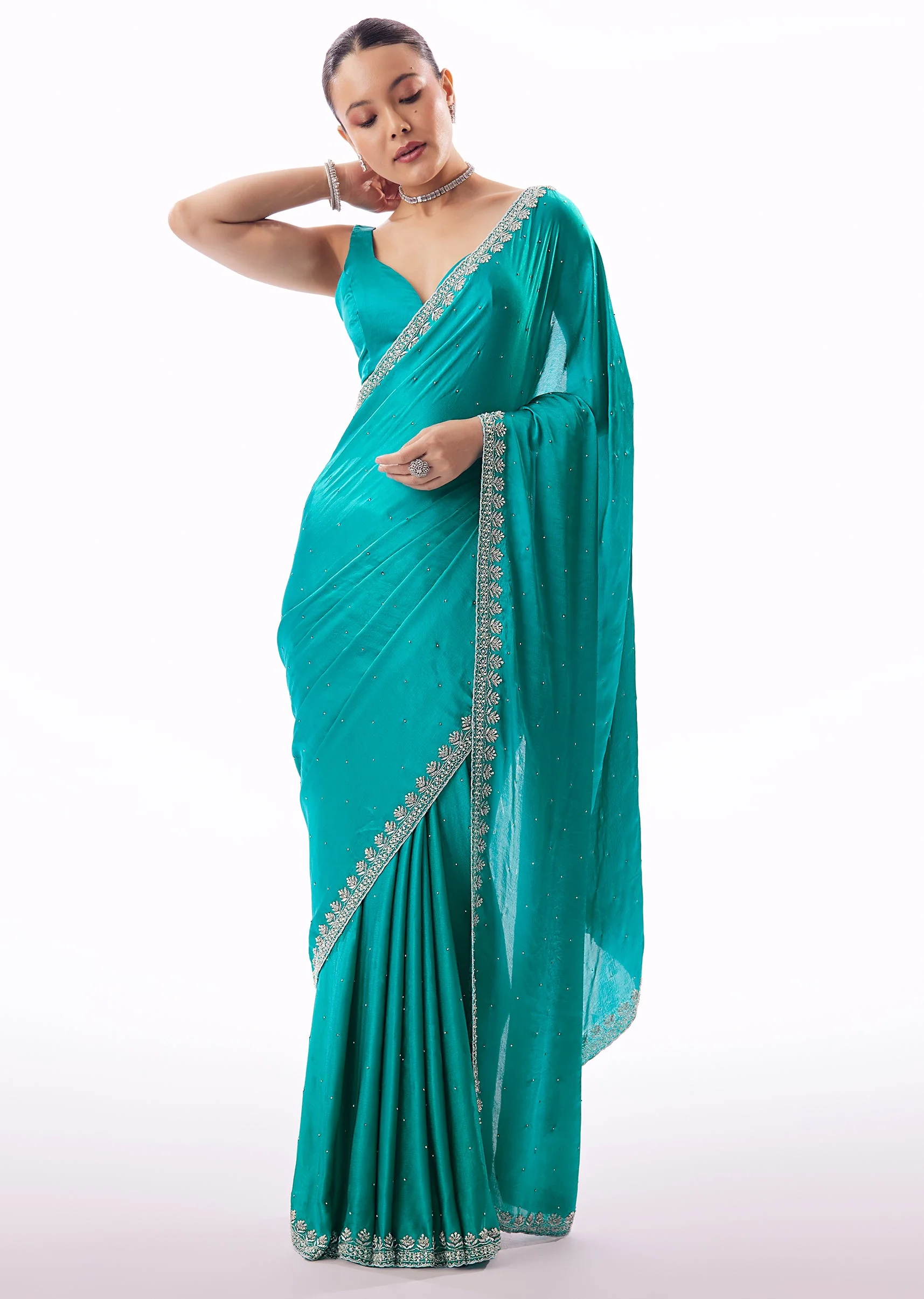 Turquoise Blue Chinon Saree With Stone And Cutdana Embroidered Border