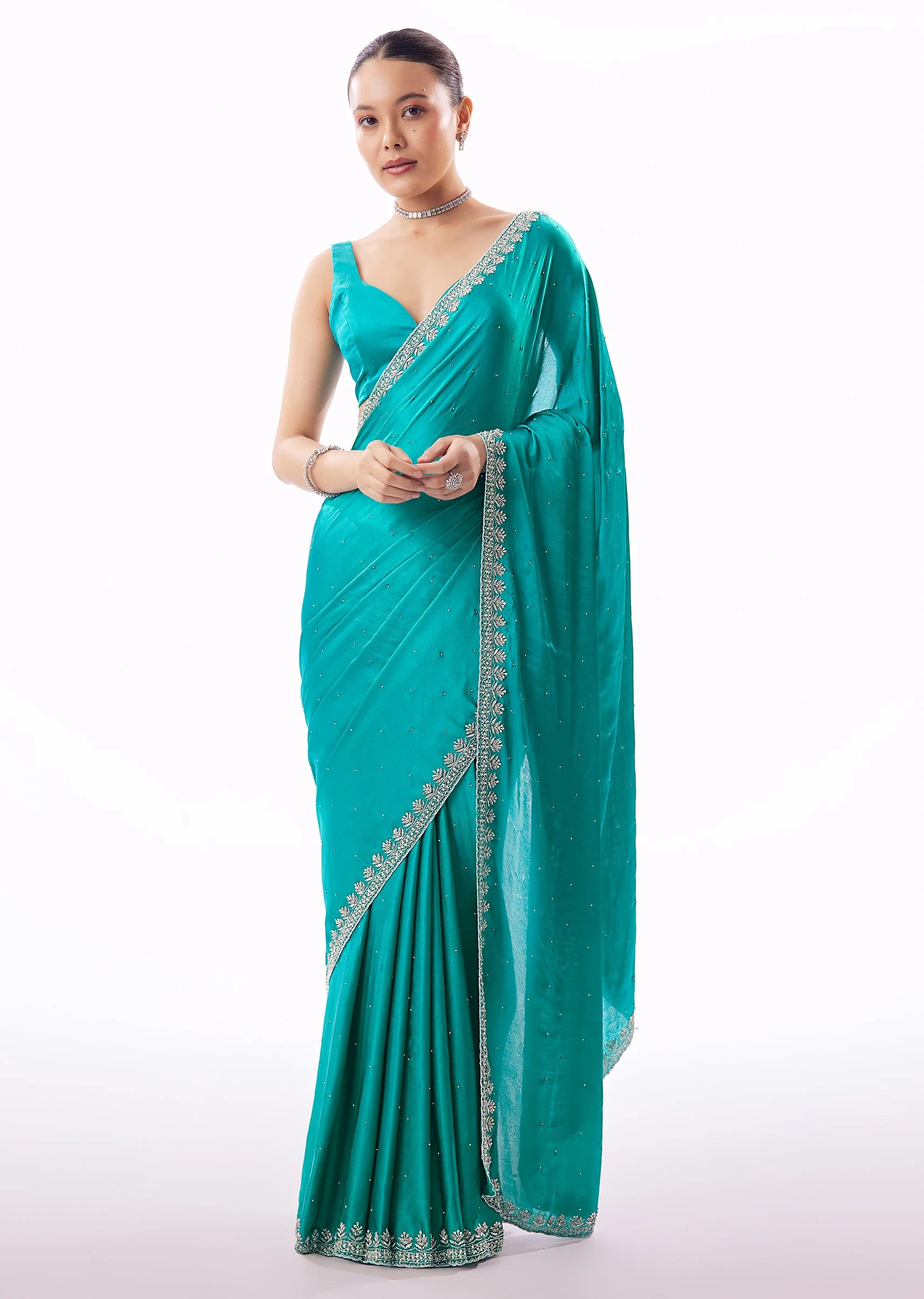 Turquoise Blue Chinon Saree With Stone And Cutdana Embroidered Border - Image 3