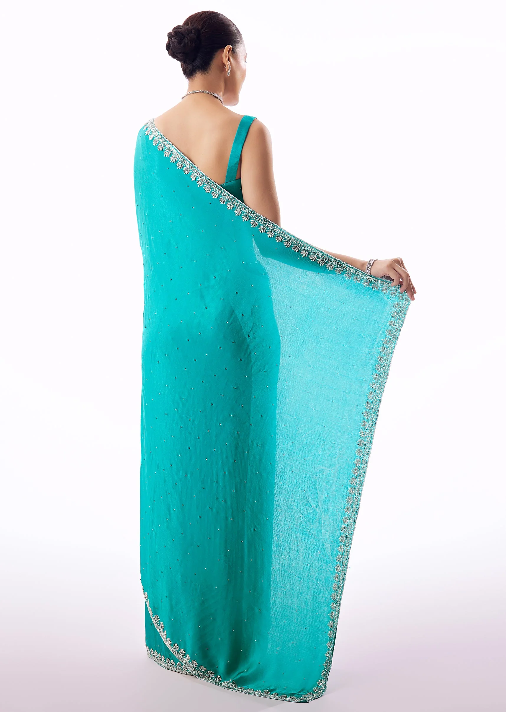 Turquoise Blue Chinon Saree With Stone And Cutdana Embroidered Border - Image 4