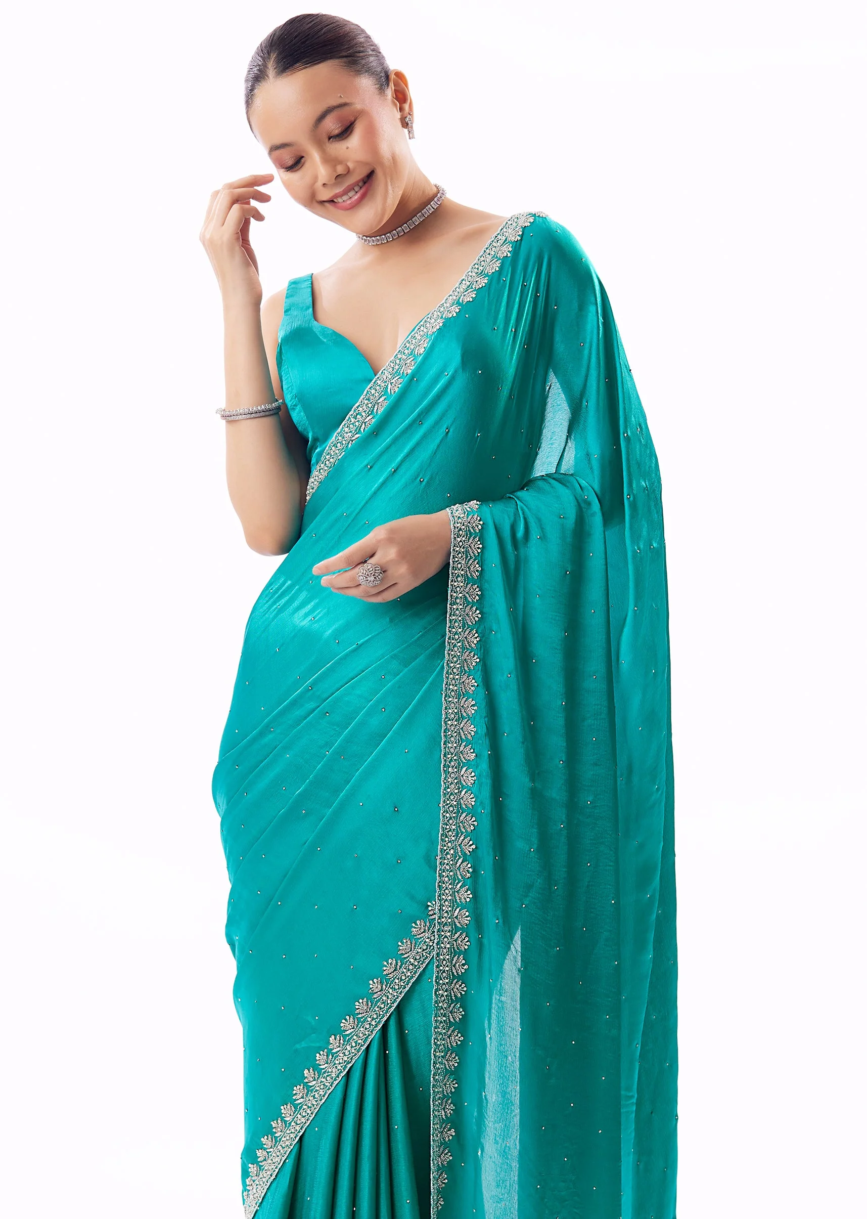 Turquoise Blue Chinon Saree With Stone And Cutdana Embroidered Border - Image 5
