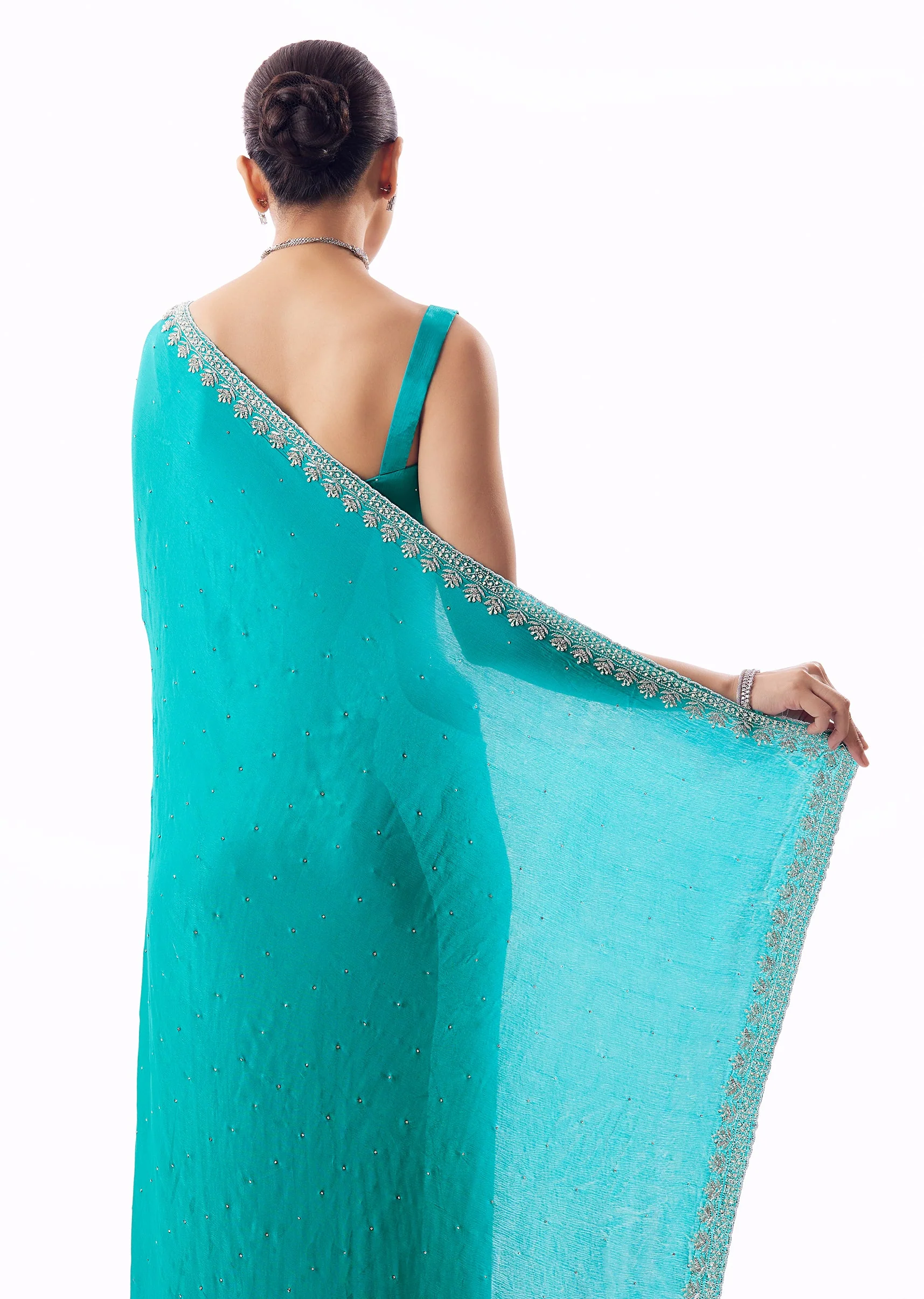 Turquoise Blue Chinon Saree With Stone And Cutdana Embroidered Border - Image 6