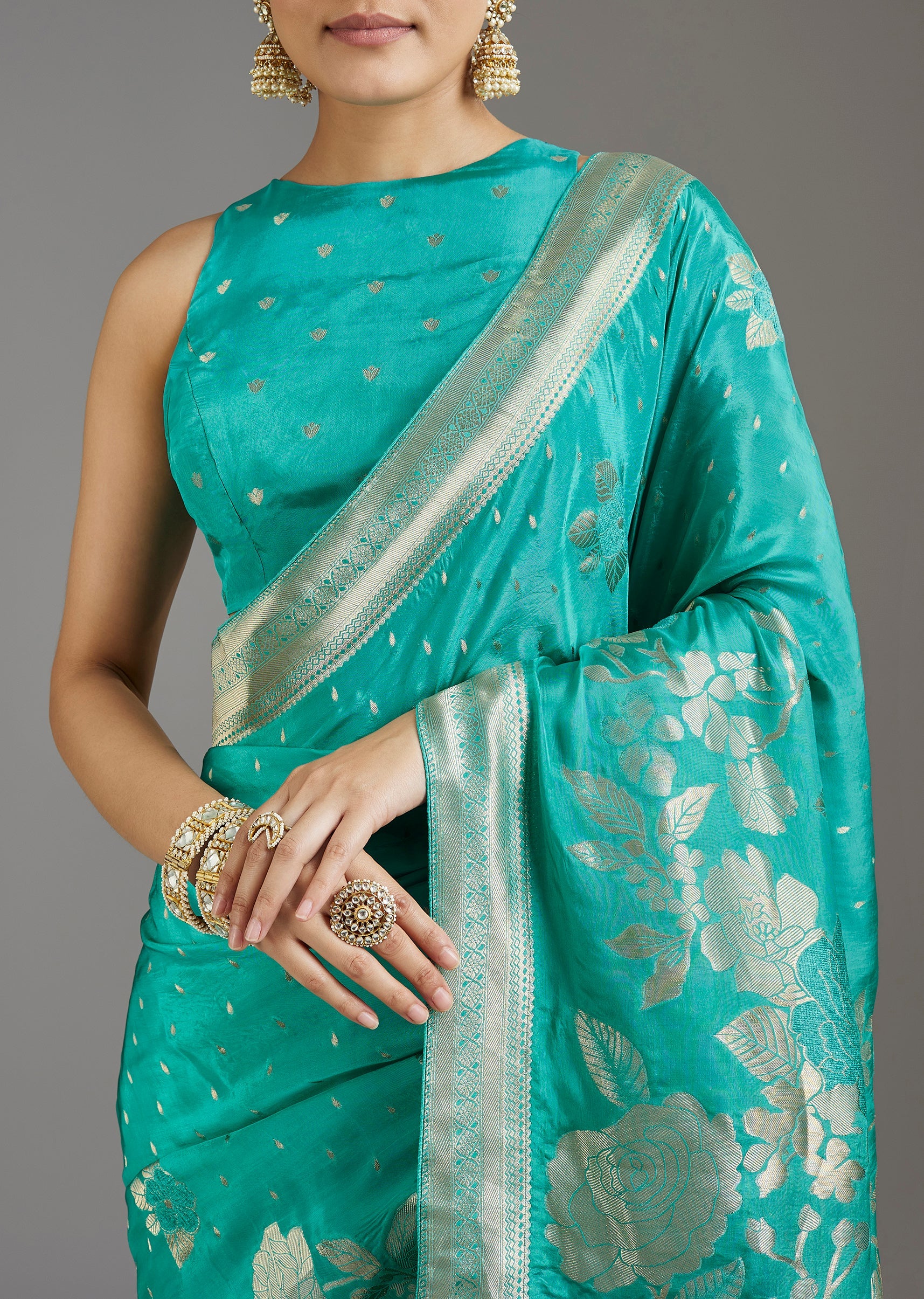 Turquoise Blue Dola Silk Saree With Floral Border - Image 2