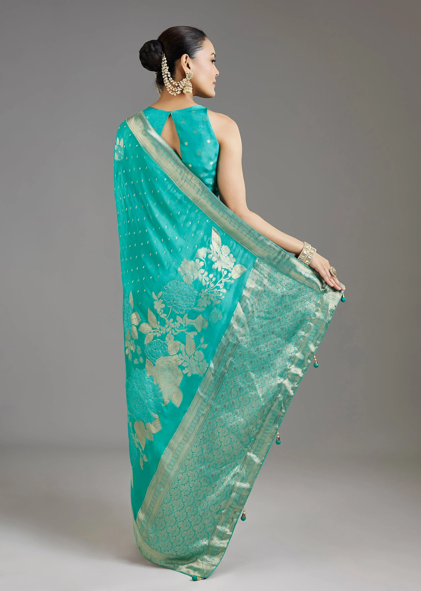 Turquoise Blue Dola Silk Saree With Floral Border - Image 4