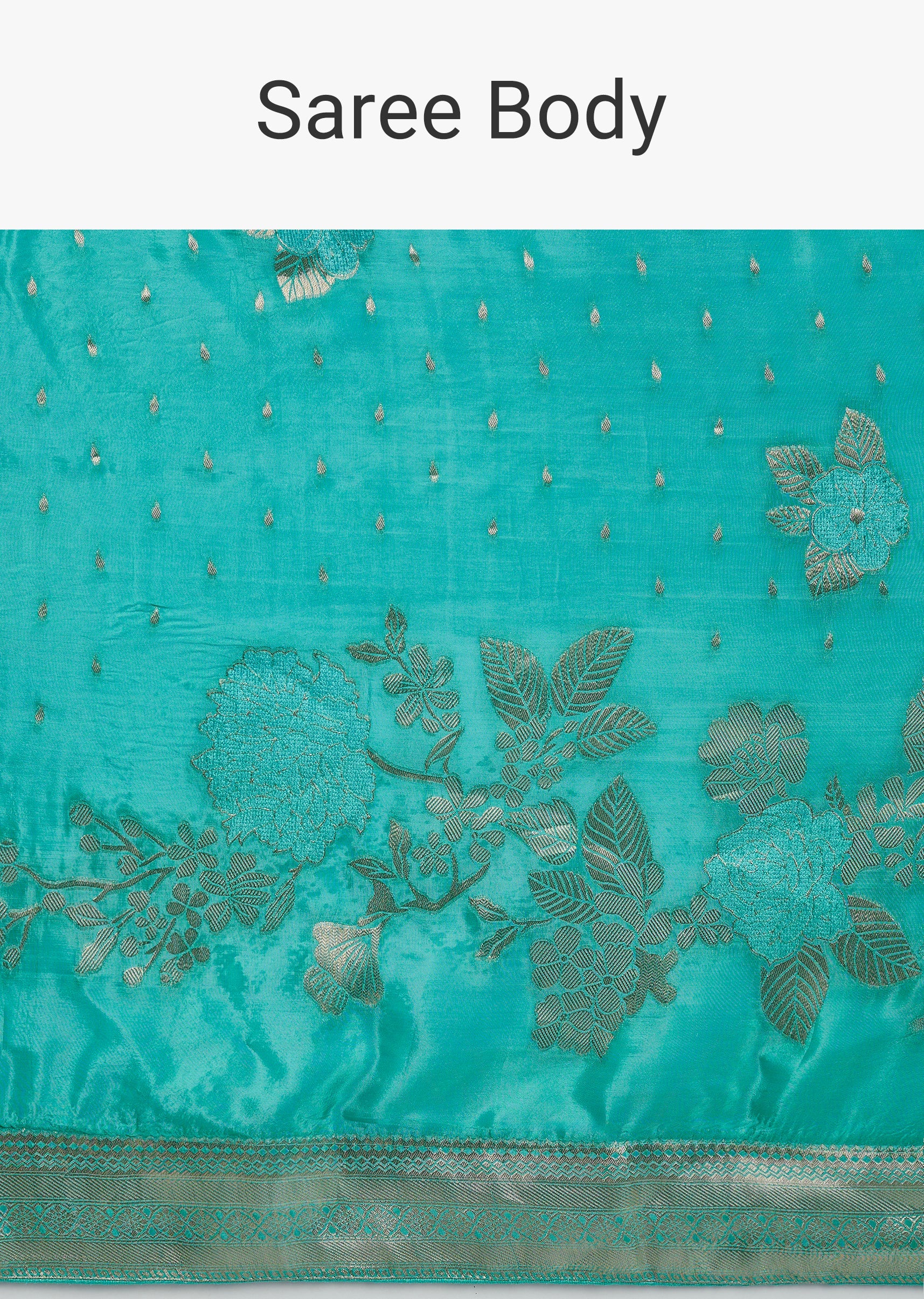 Turquoise Blue Dola Silk Saree With Floral Border - Image 9