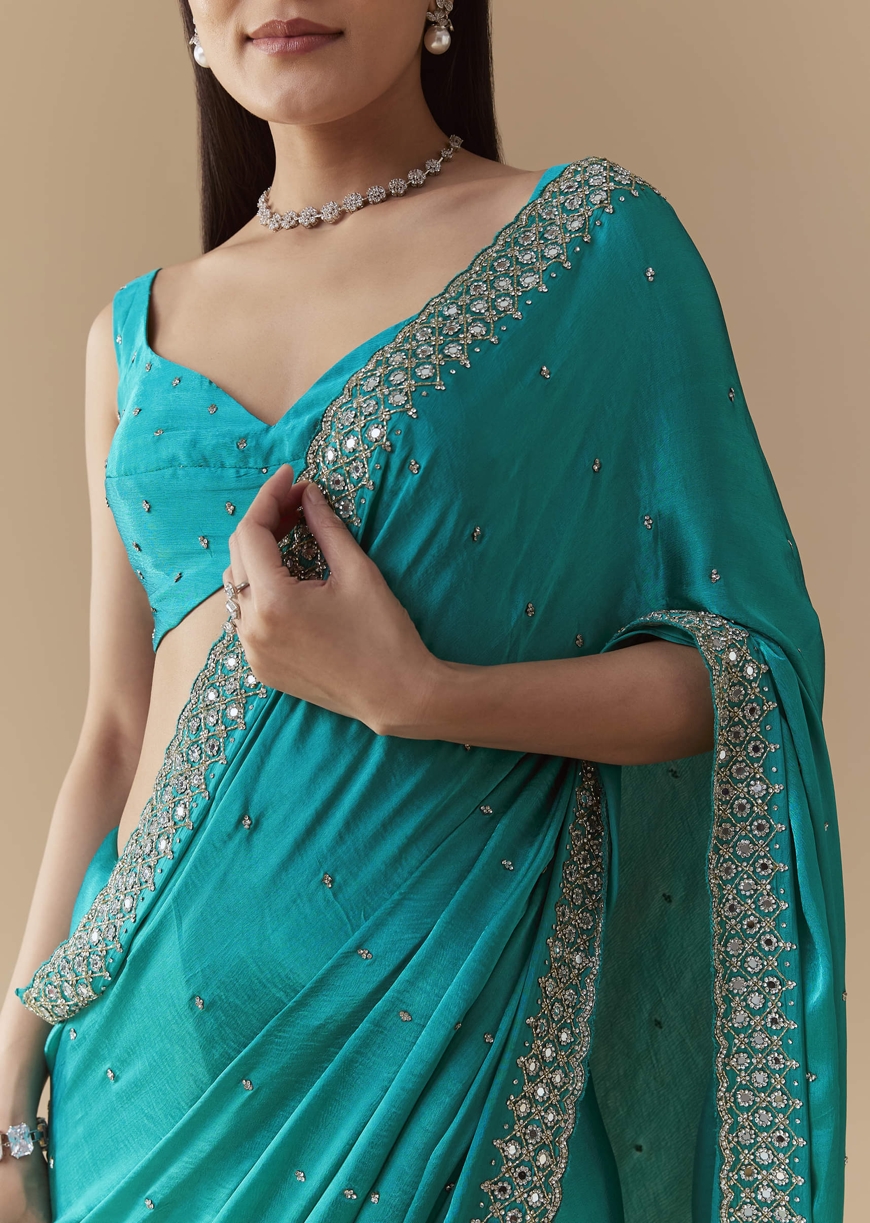 Turquoise Blue Embellished Saree with Unstitched Blouse - Image 2