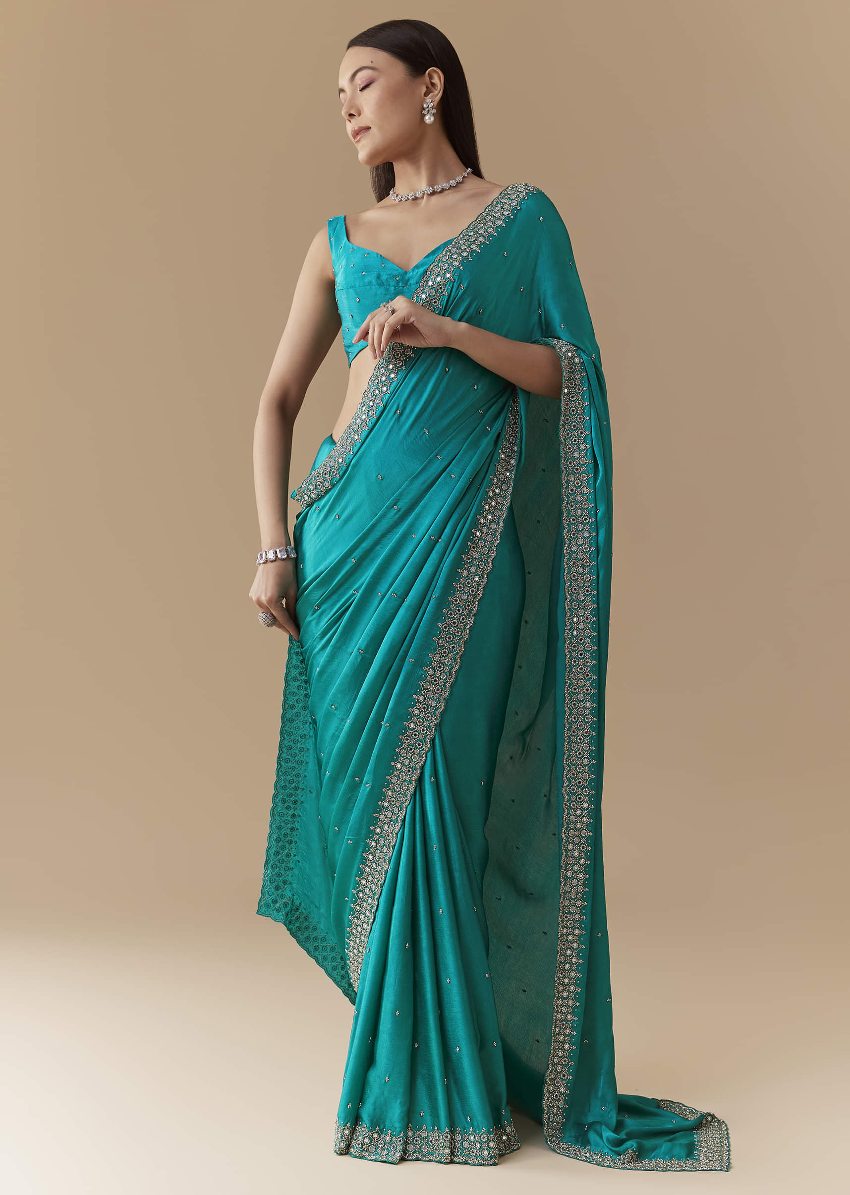 Turquoise Blue Embellished Saree with Unstitched Blouse - Image 3