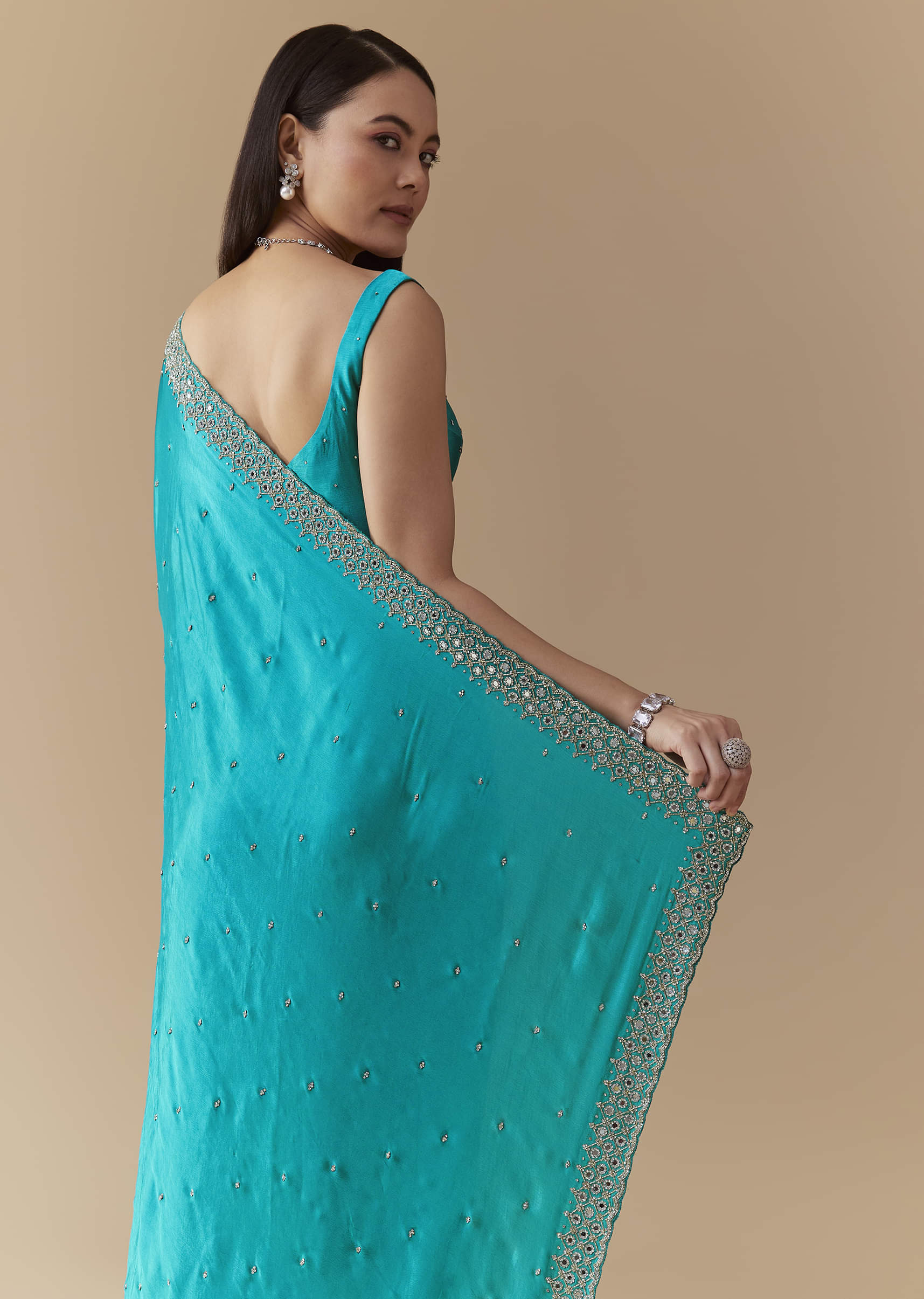 Turquoise Blue Embellished Saree with Unstitched Blouse - Image 6