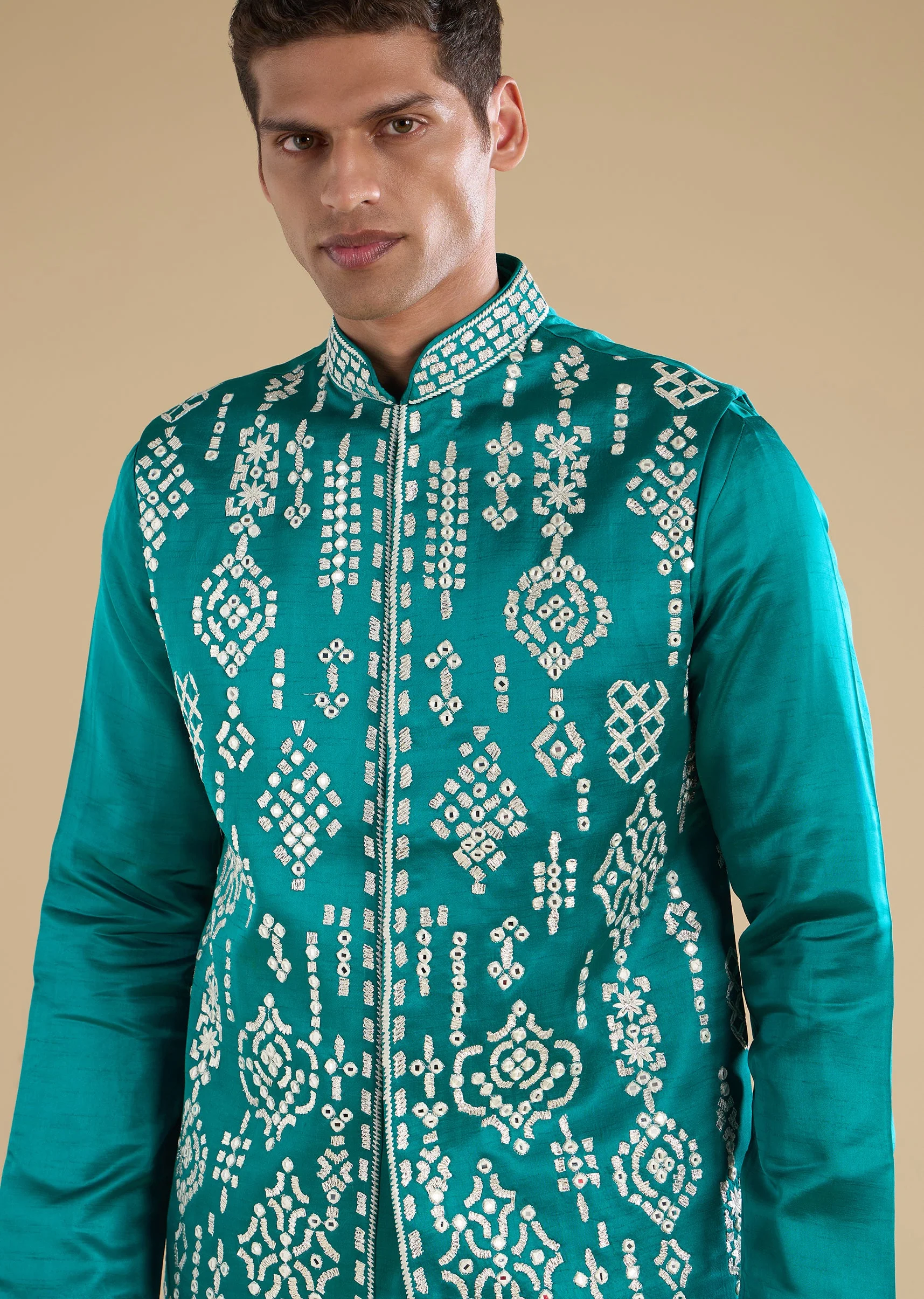 Turquoise Blue Embroidered Silk Kurta Jacket Set - Image 2