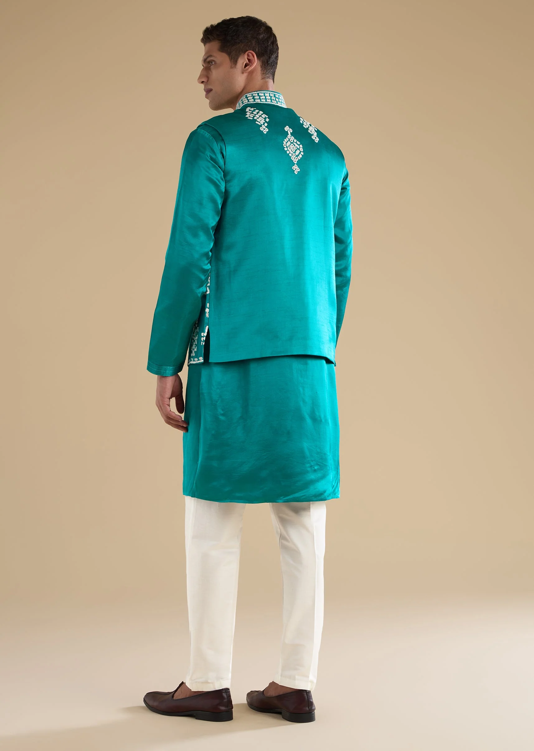 Turquoise Blue Embroidered Silk Kurta Jacket Set - Image 5