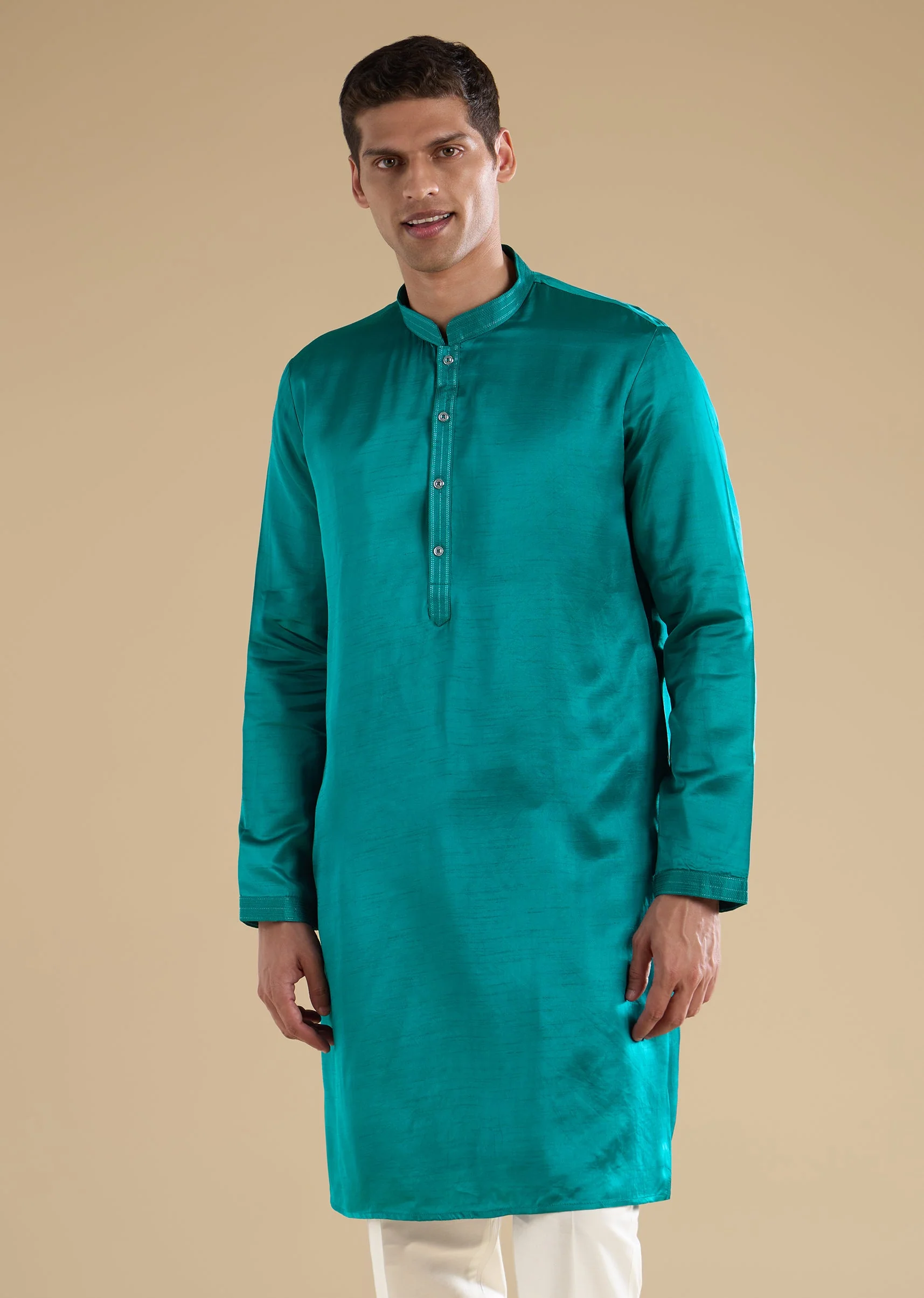 Turquoise Blue Embroidered Silk Kurta Jacket Set - Image 6